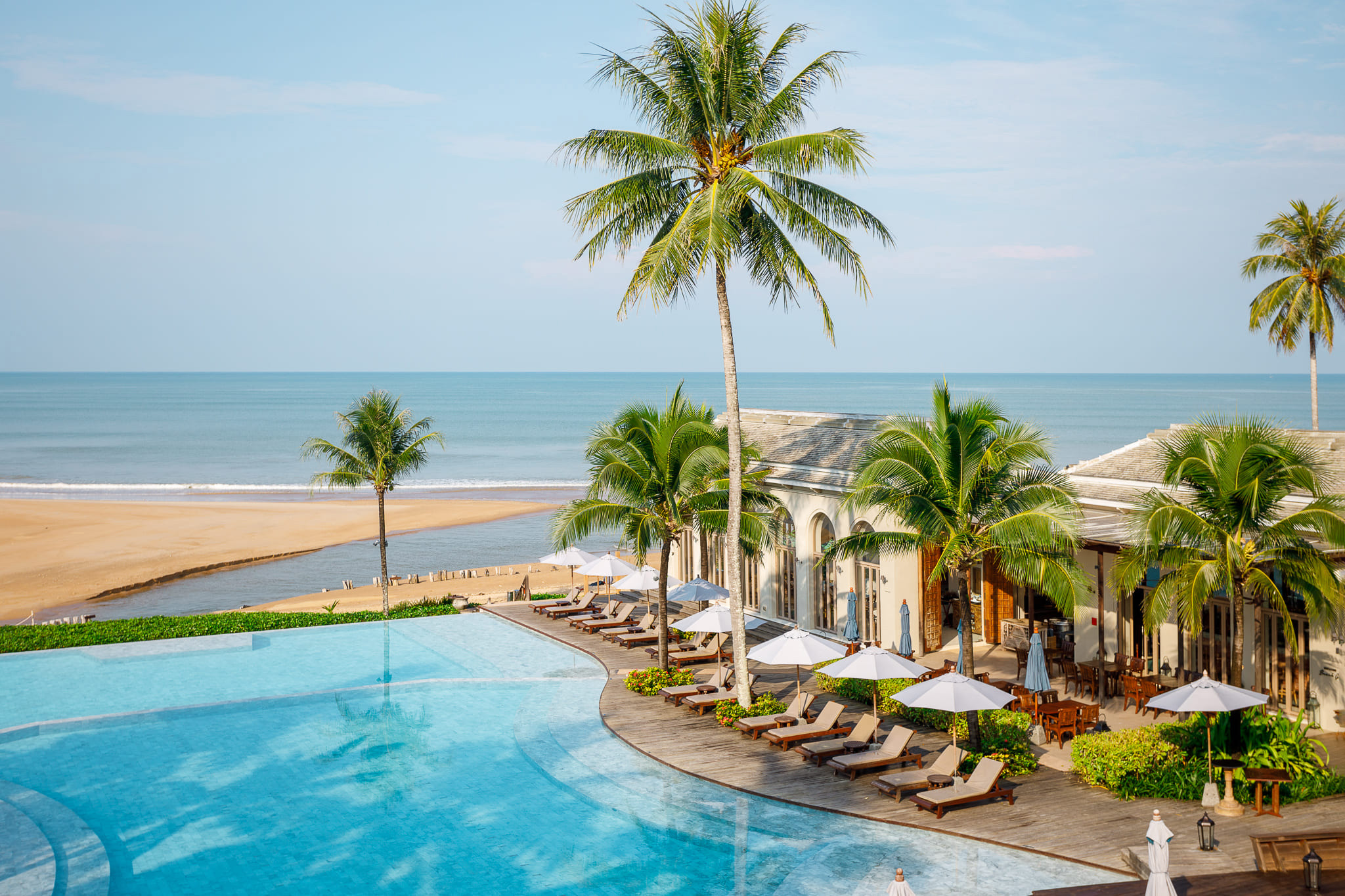 An infinity pool curves beside palms and sun loungers, facing a wide sandy beach and calm sea under clear light.
