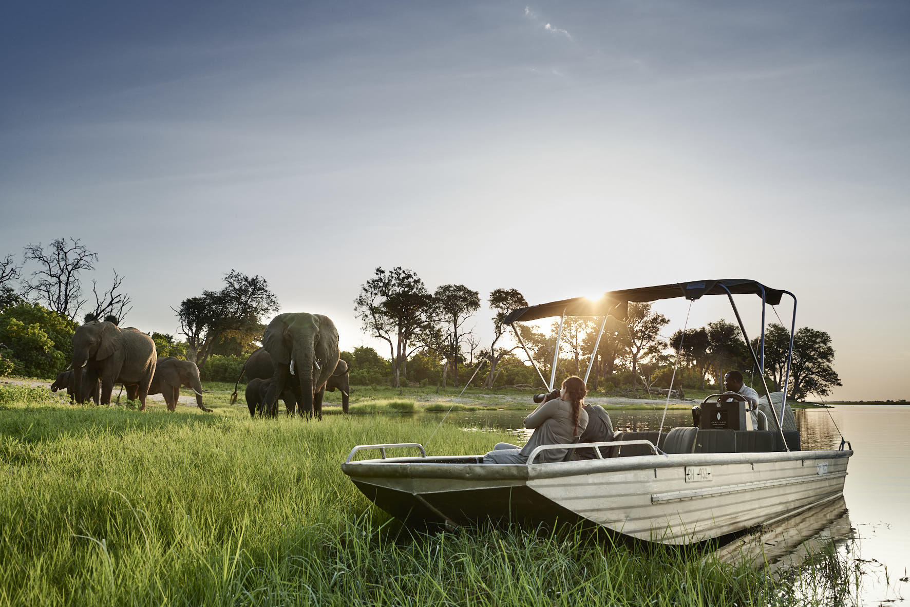 A small safari boat idles near the grassy bank as elephants graze nearby and sun flares low over the water.