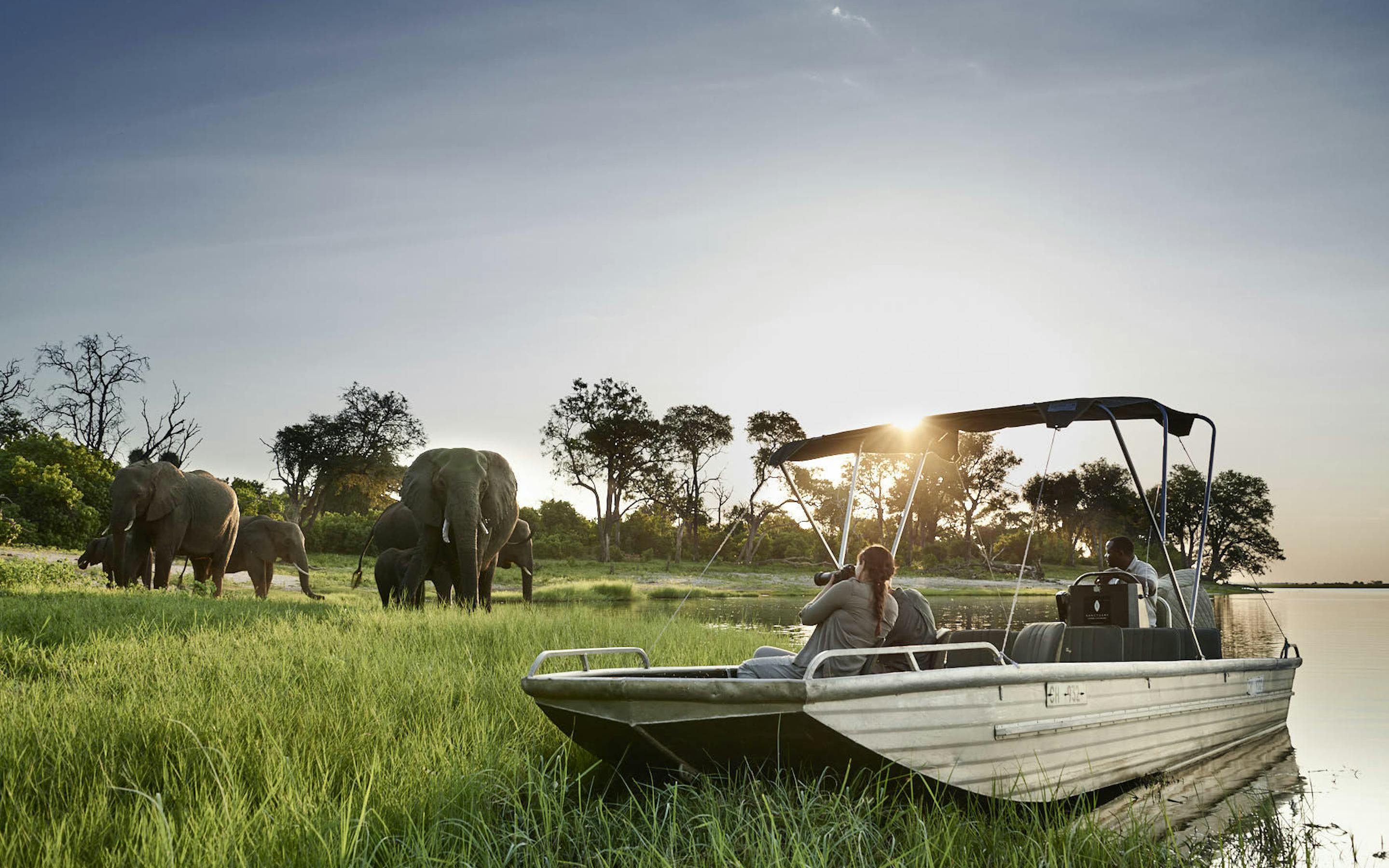 A small safari boat idles near the grassy bank as elephants graze nearby and sun flares low over the water.