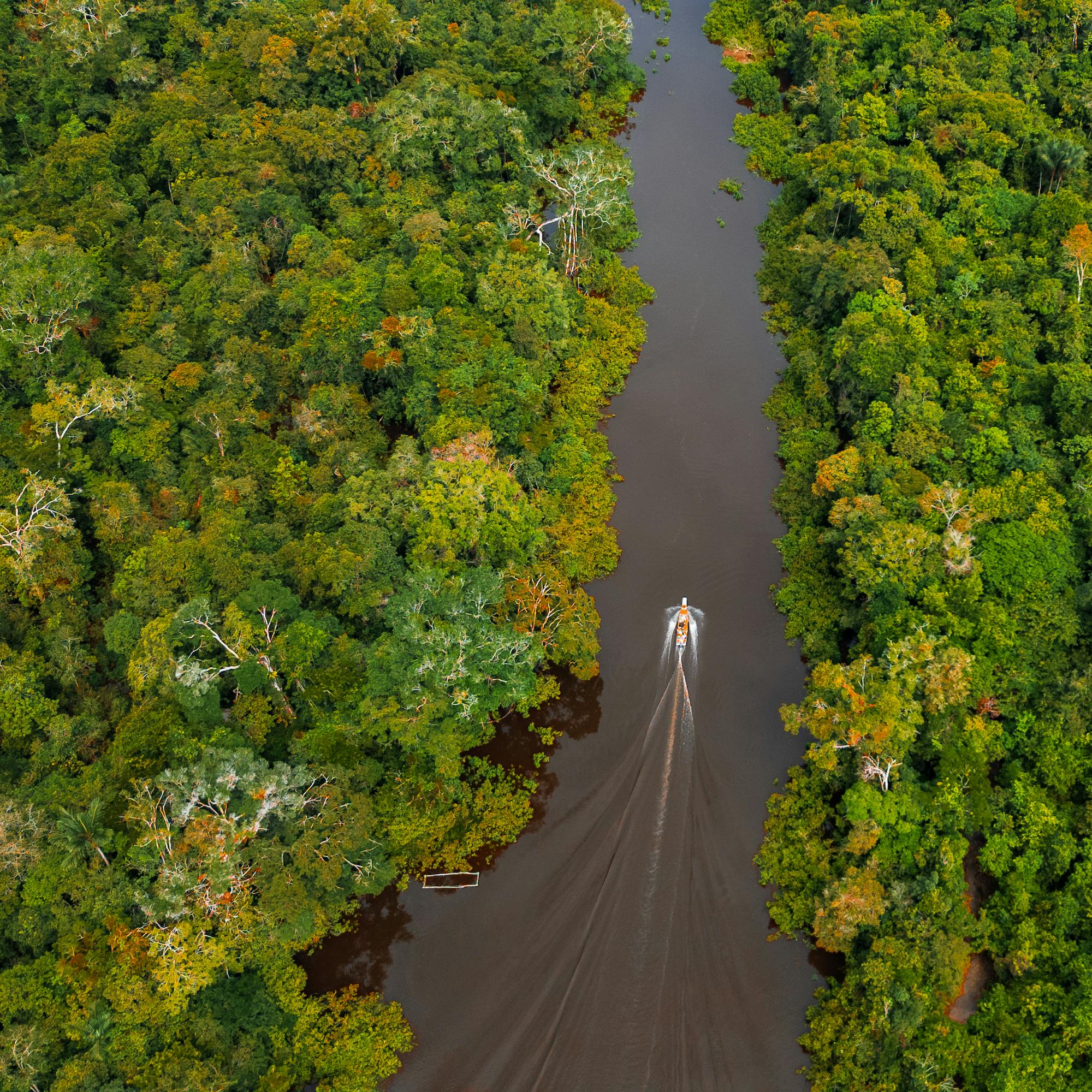 Aerial view of a narrow river cutting through dense rainforest canopy, with a small boat traveling upstream.
