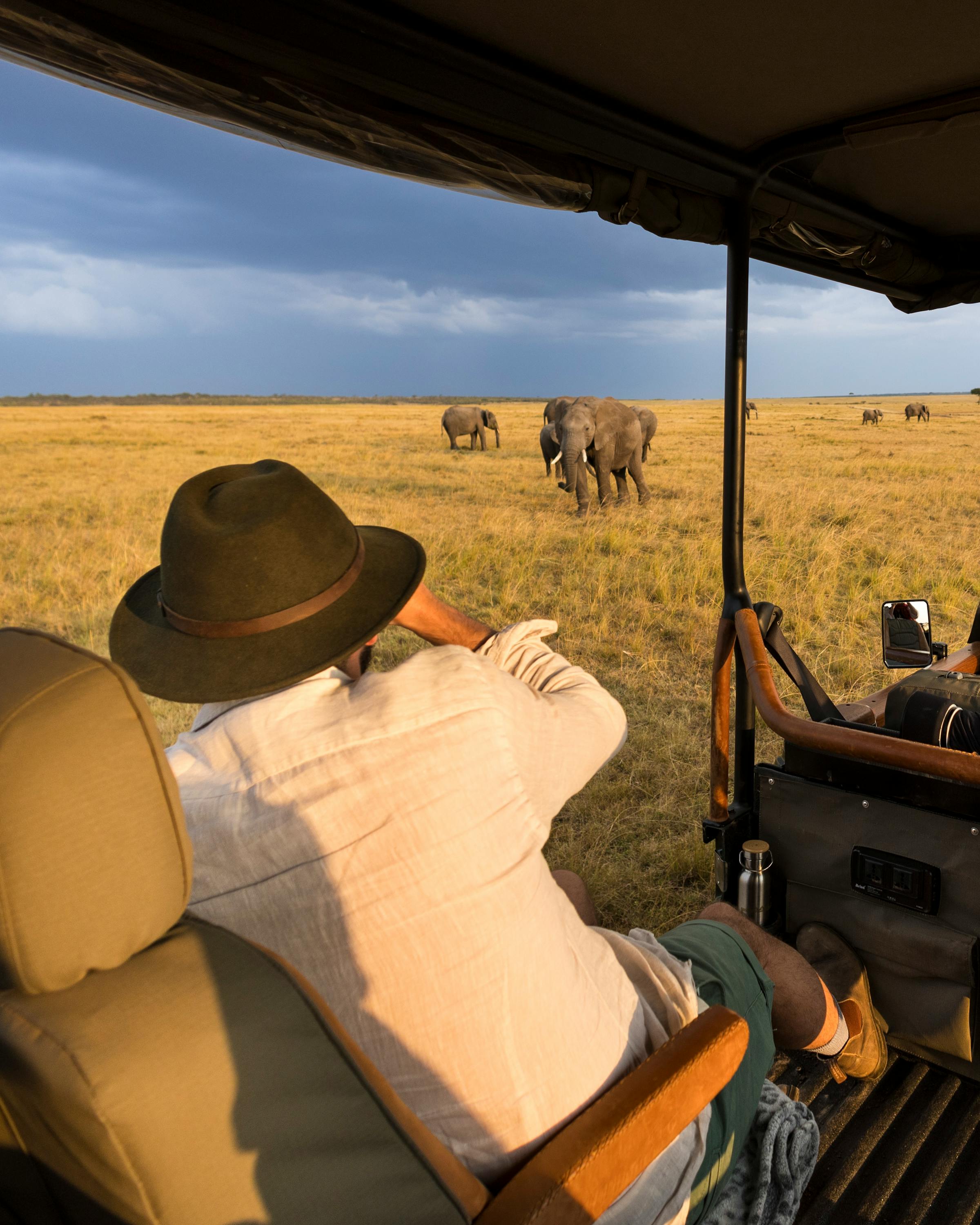 Two guests sit in an open safari vehicle with cameras raised toward golden plains and acacia trees in warm golden light.