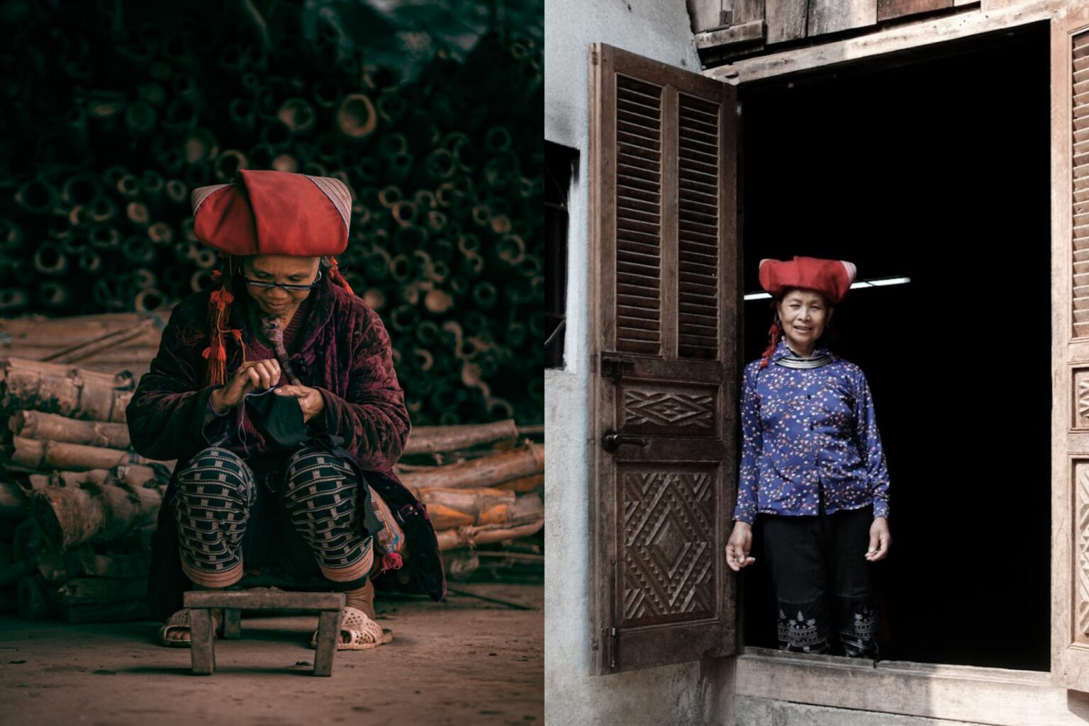 Two women in patterned clothing pose by a wooden doorway, one seated and one standing with baskets in dim light.