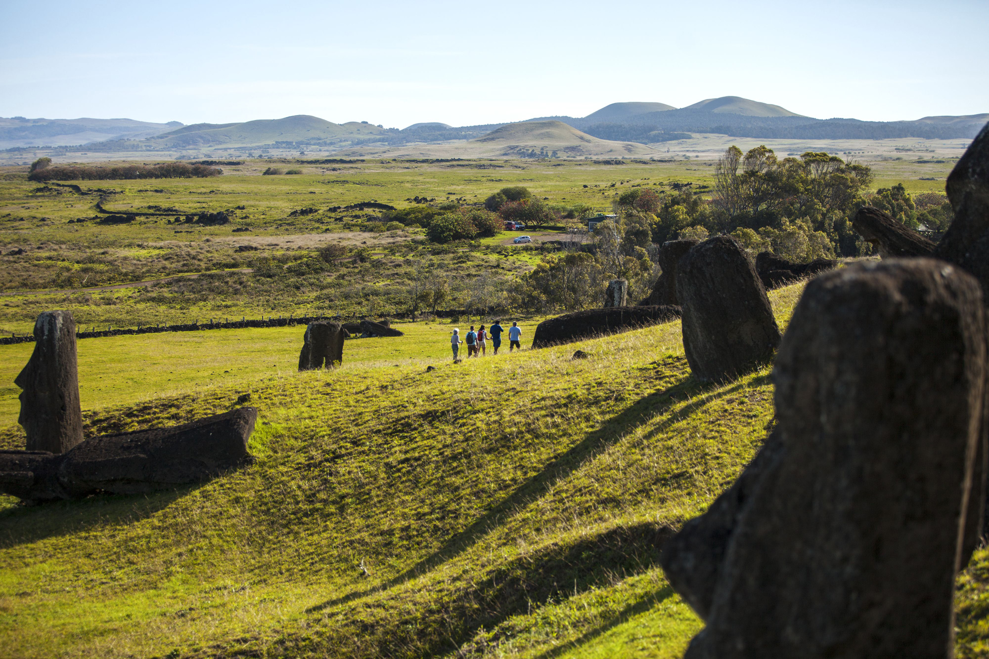 Moai stone statues rise from a grassy hillside at Rano Raraku, with hikers walking along a path beside them.