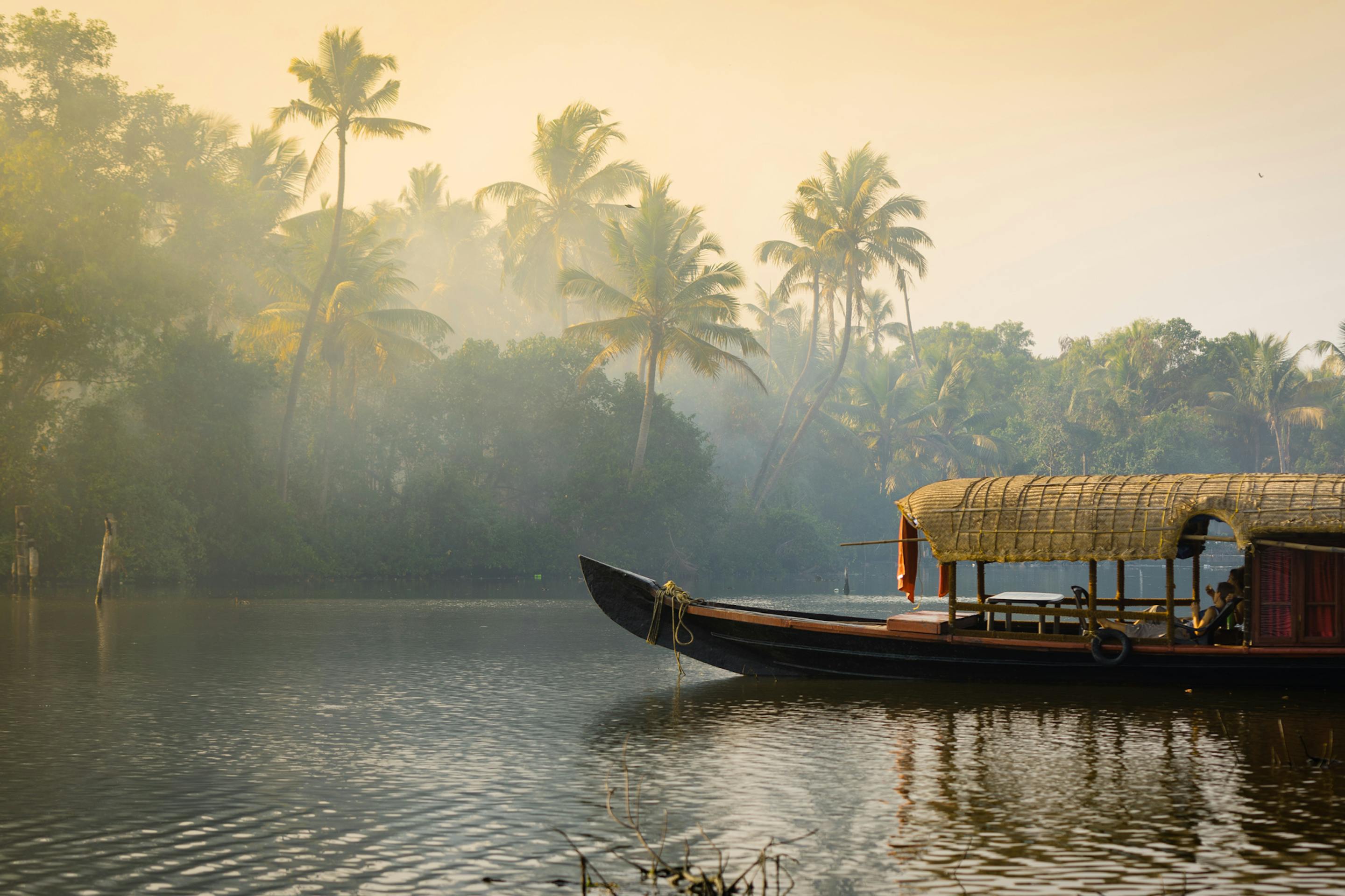 A traditional boat glides along Kerala backwaters at dawn, with palm trees and mist rising above the calm waterway.