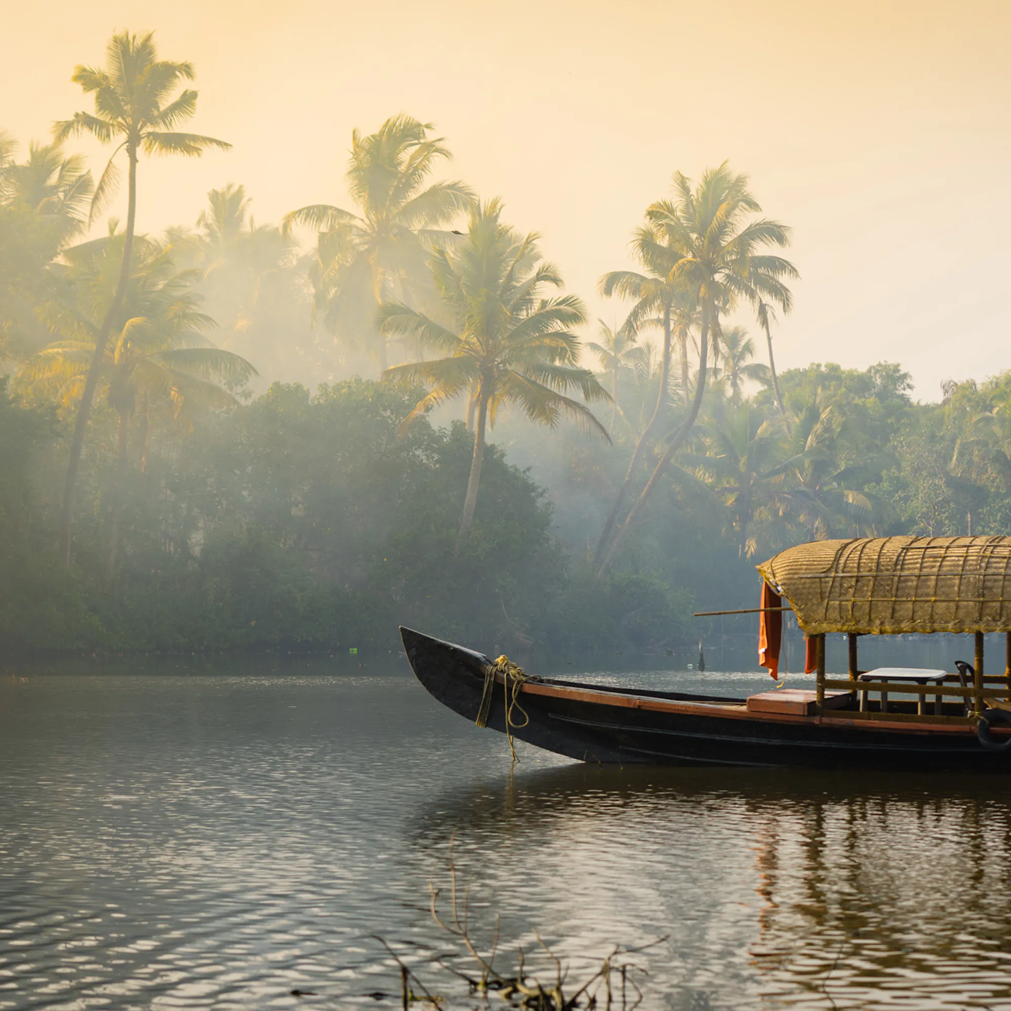 A traditional boat glides along Kerala backwaters at dawn, with palm trees and mist rising above the calm waterway.