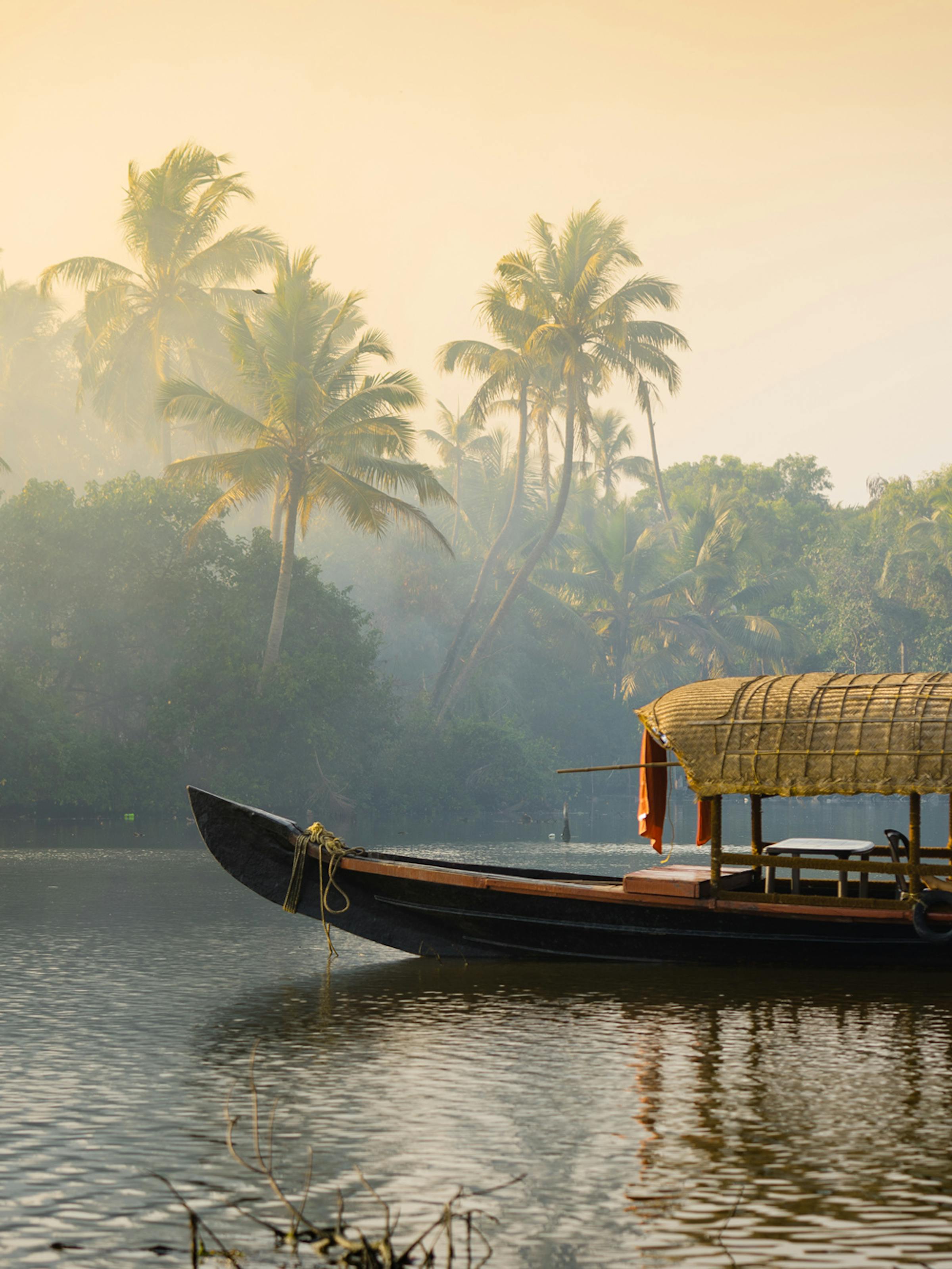 A traditional boat glides along Kerala backwaters at dawn, with palm trees and mist rising above the calm waterway.