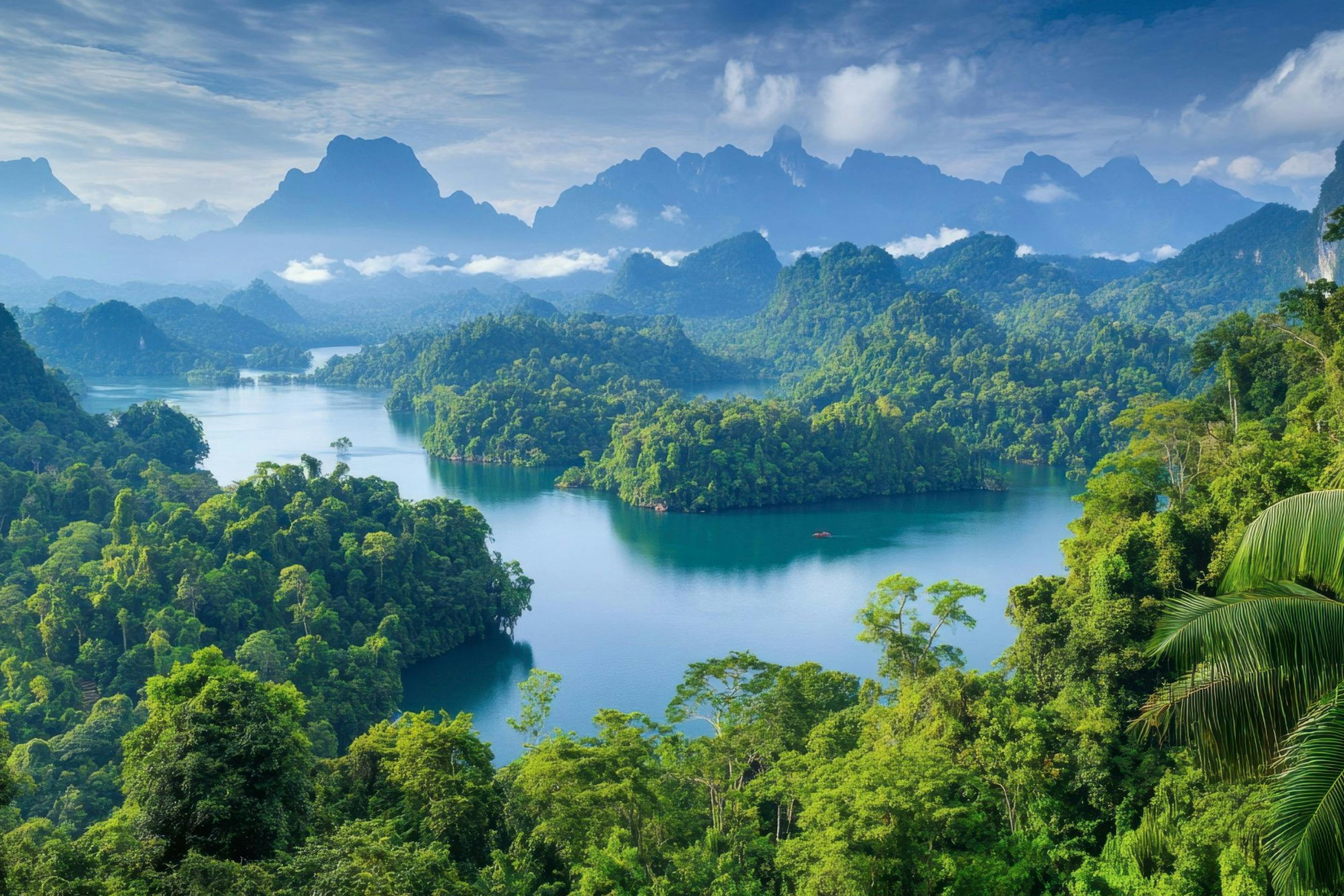 An emerald lake winds through dense jungle, with limestone peaks rising beyond layered, misty ridgelines in the distance.