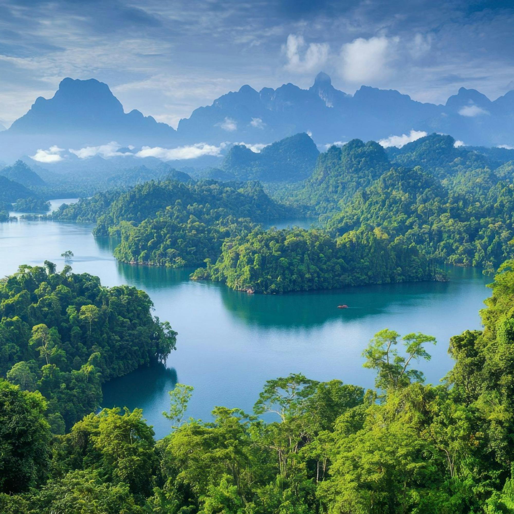 An emerald lake winds through dense jungle, with limestone peaks rising beyond layered, misty ridgelines in the distance.