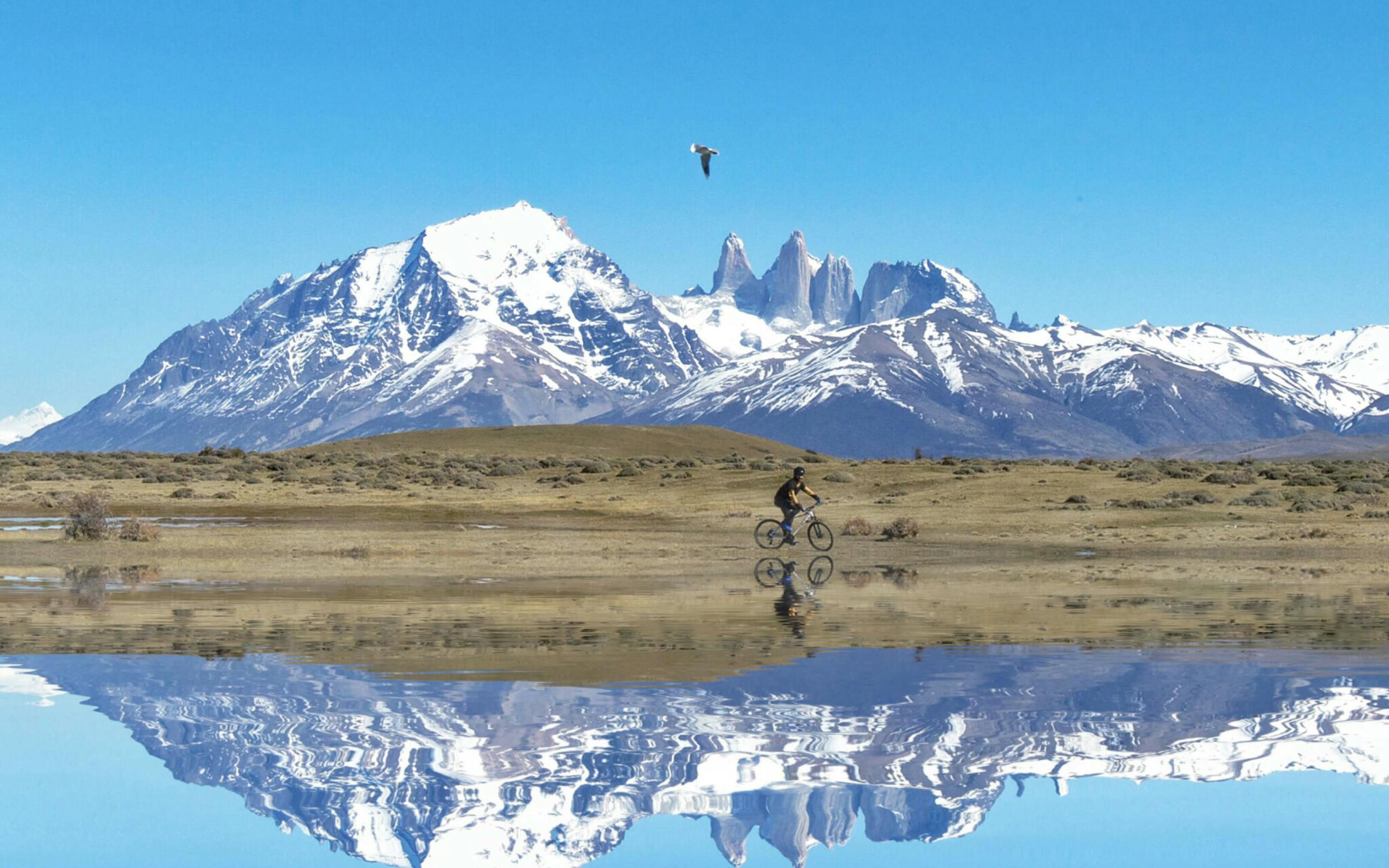 Snow-dusted Torres del Paine peaks reflect in a still lake, while small birds dot the foreground quiet shore and cyclist enjoys the views