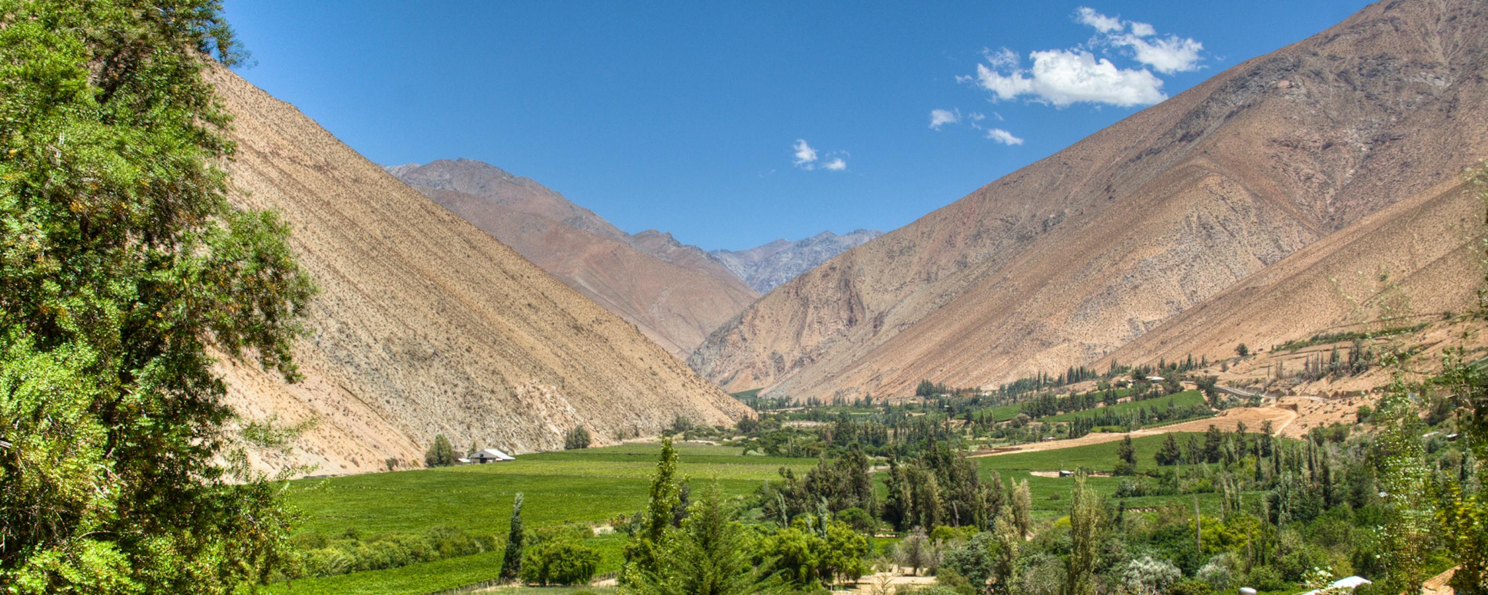 Green vineyard rows and a winding river fill the valley floor, backed by sunlit brown mountains under blue sky.