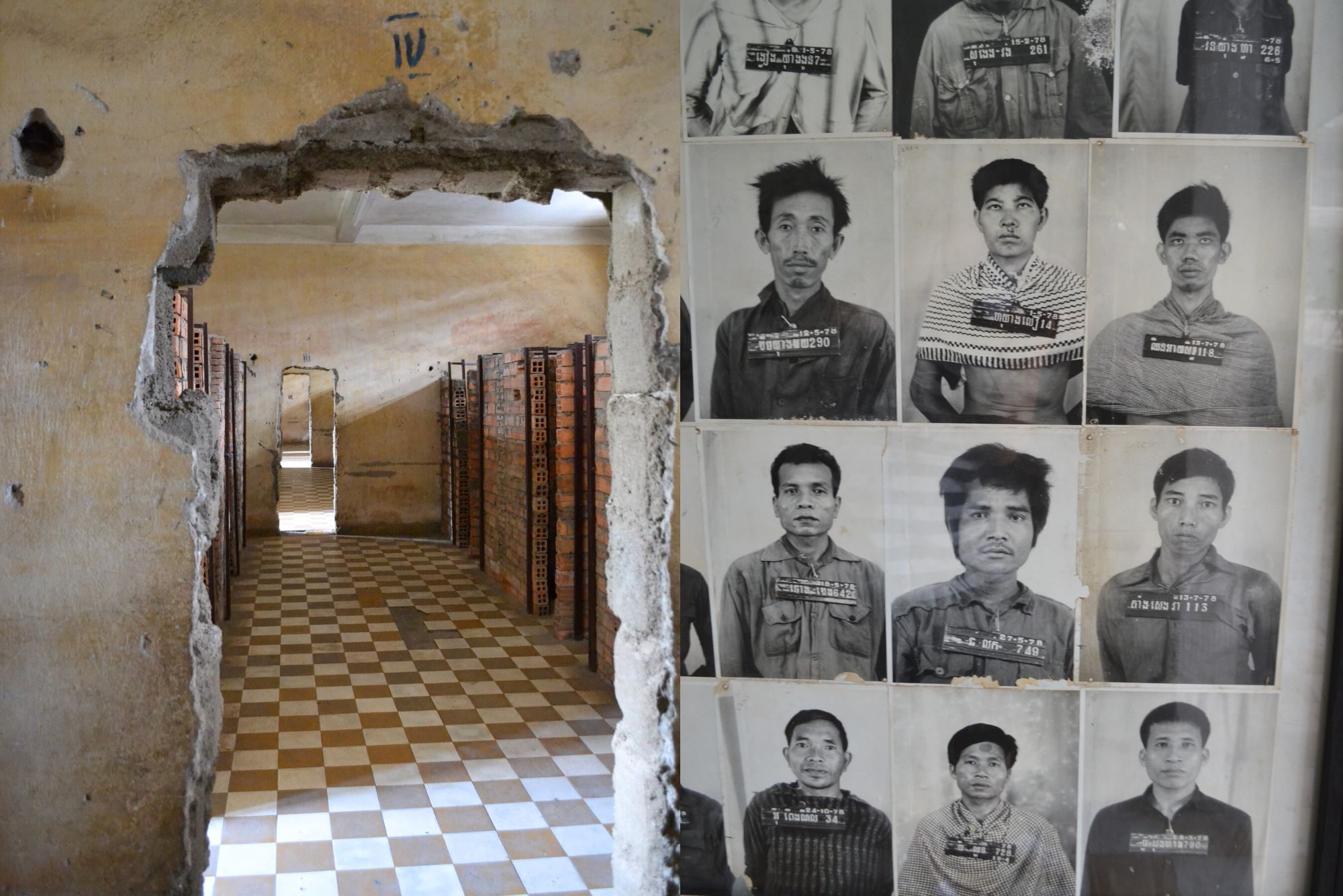 Black-and-white prisoner portraits cover a wall beside a worn hallway with tiled floors and open doorways.