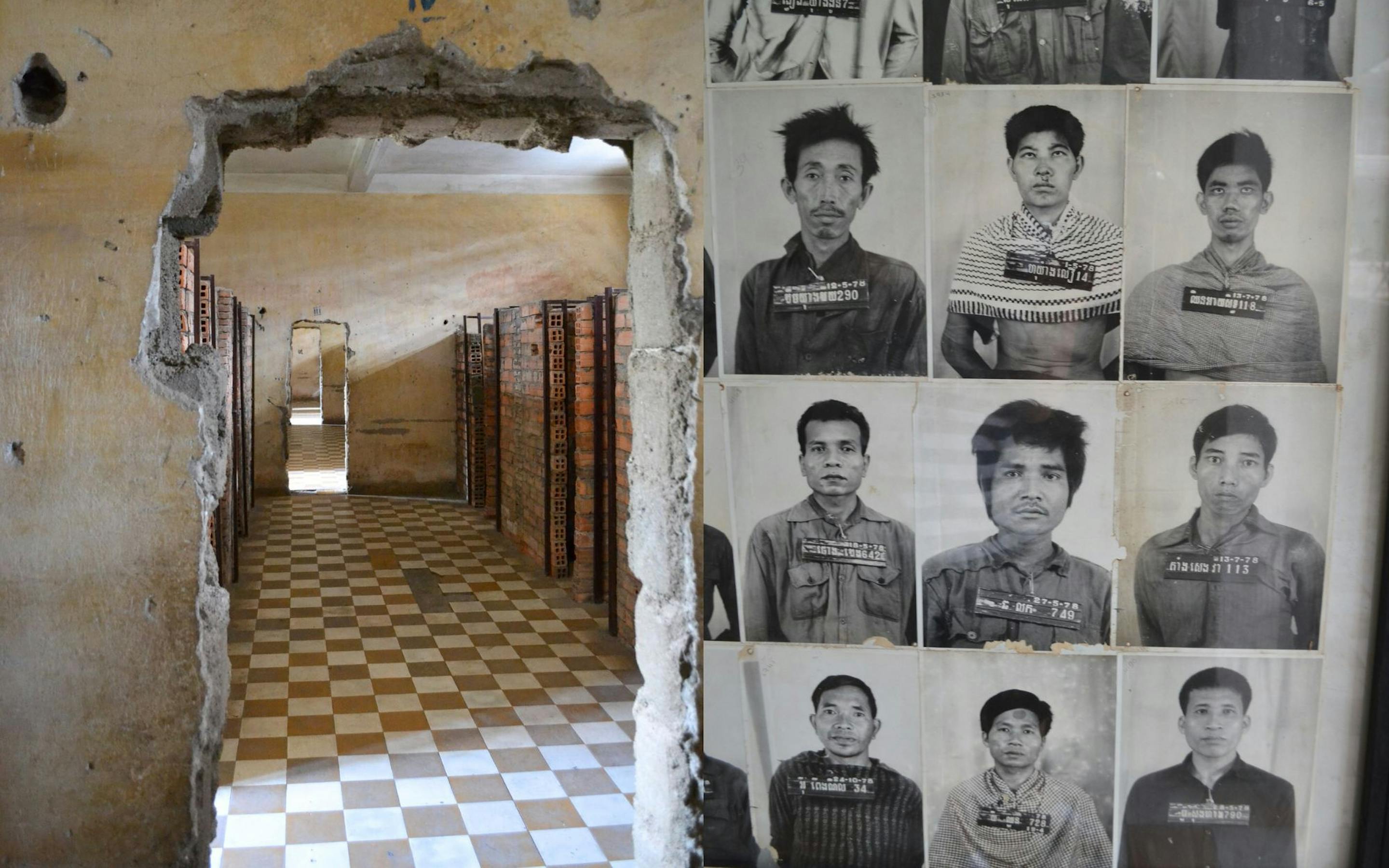 Black-and-white prisoner portraits cover a wall beside a worn hallway with tiled floors and open doorways.
