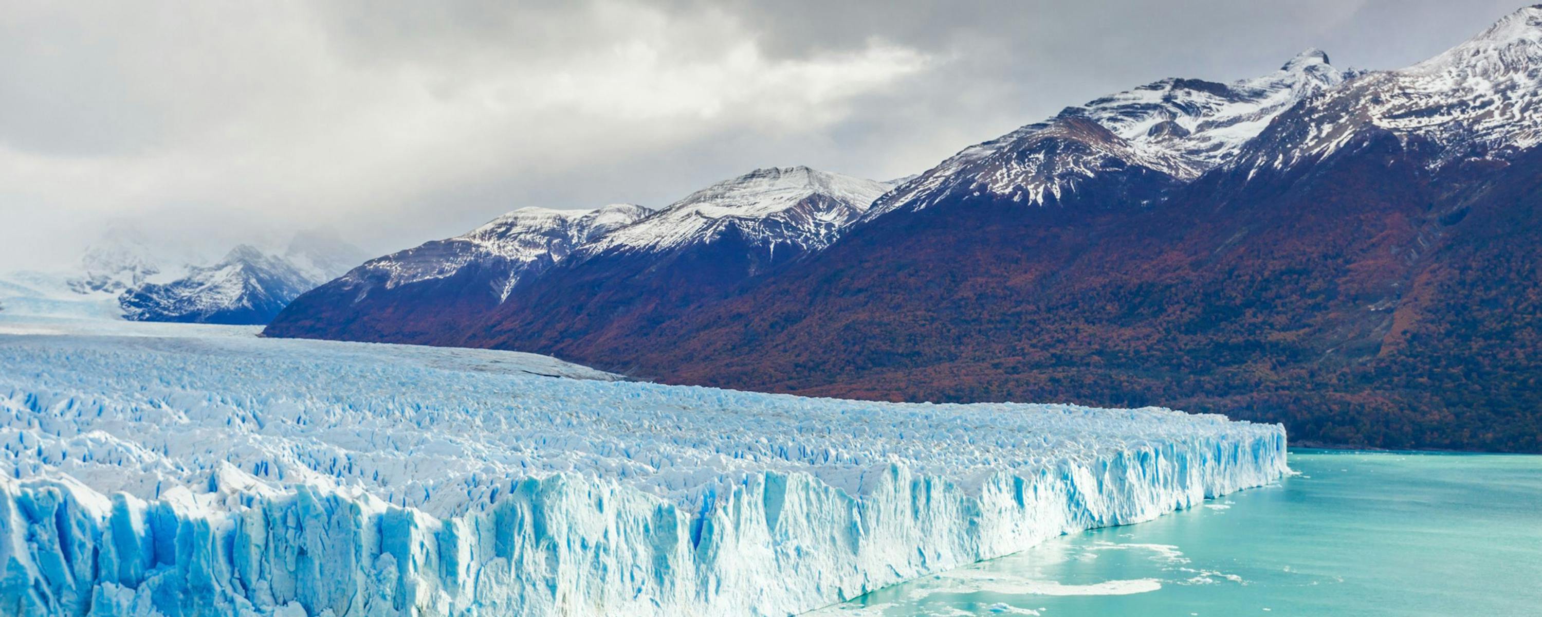 Vast blue glacier ice cliffs meet a milky lake, backed by dark mountains and autumn trees along the shore.
