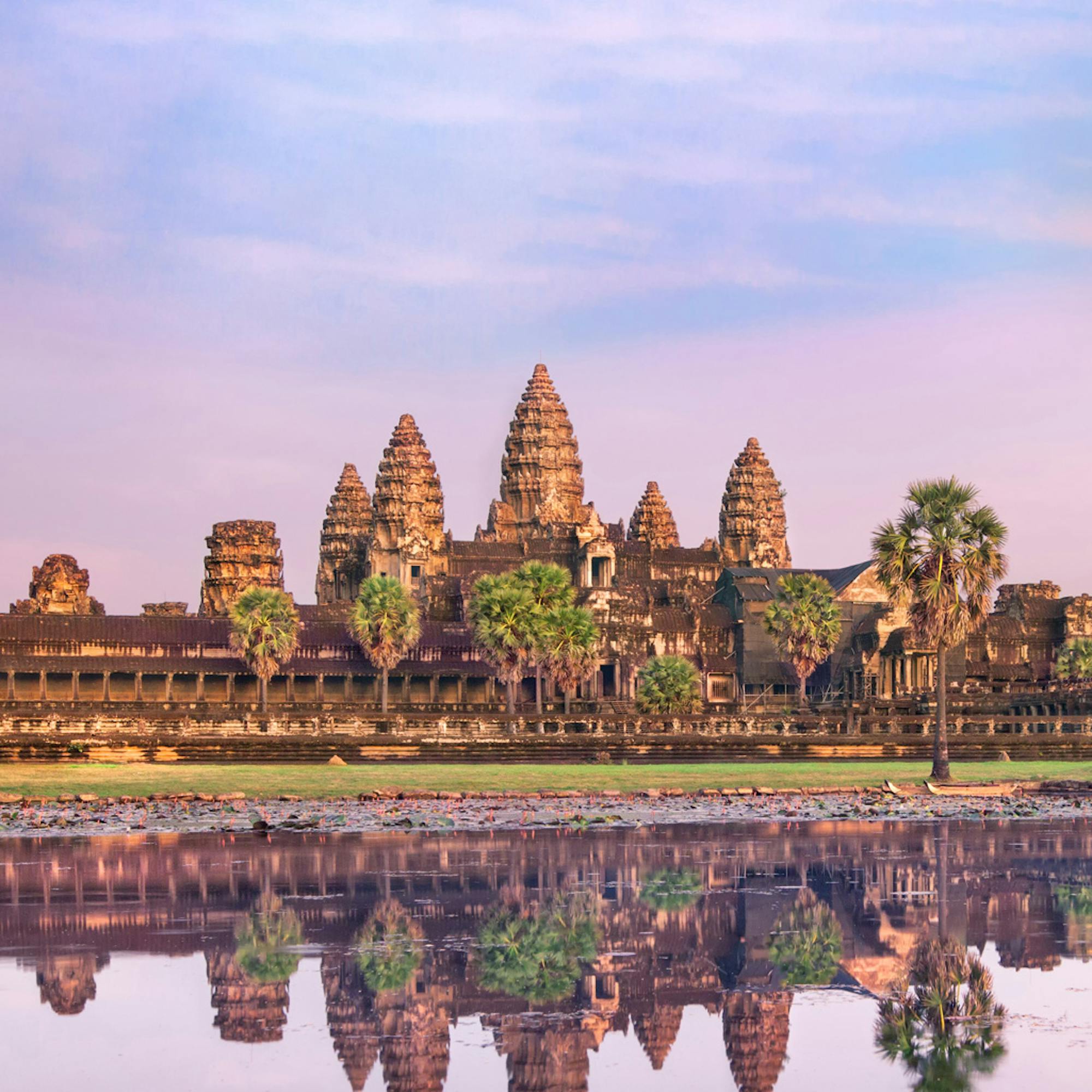 Angkor Wat silhouettes against a pink sunrise, mirrored in still water as palm trees frame the temple towers.