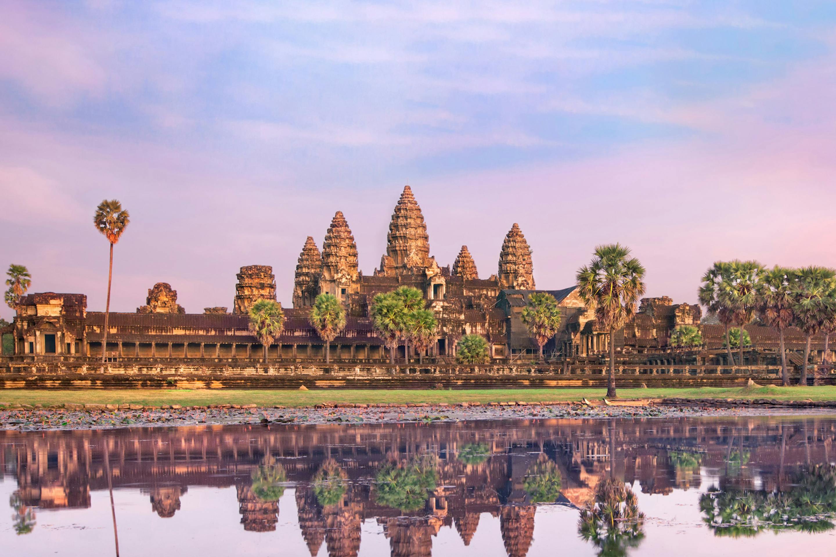 Angkor Wat silhouettes against a pink sunrise, mirrored in still water as palm trees frame the temple towers.
