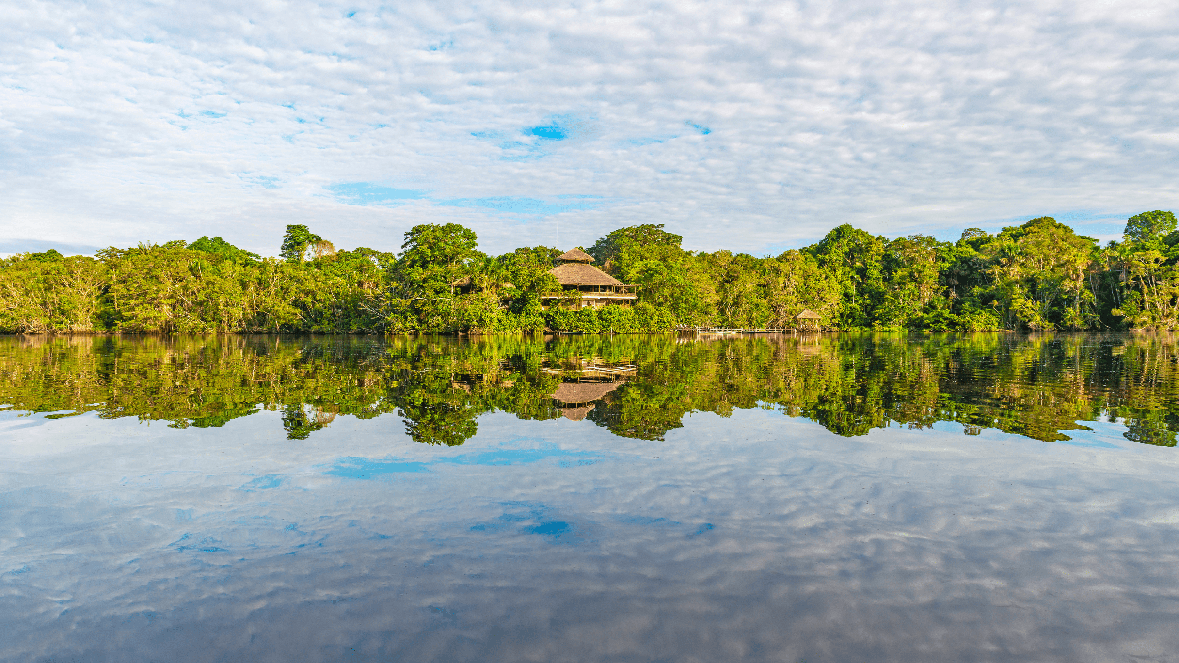 Rainforest trees and a small thatched hut reflect in glassy water, with soft clouds mirrored across the lake.