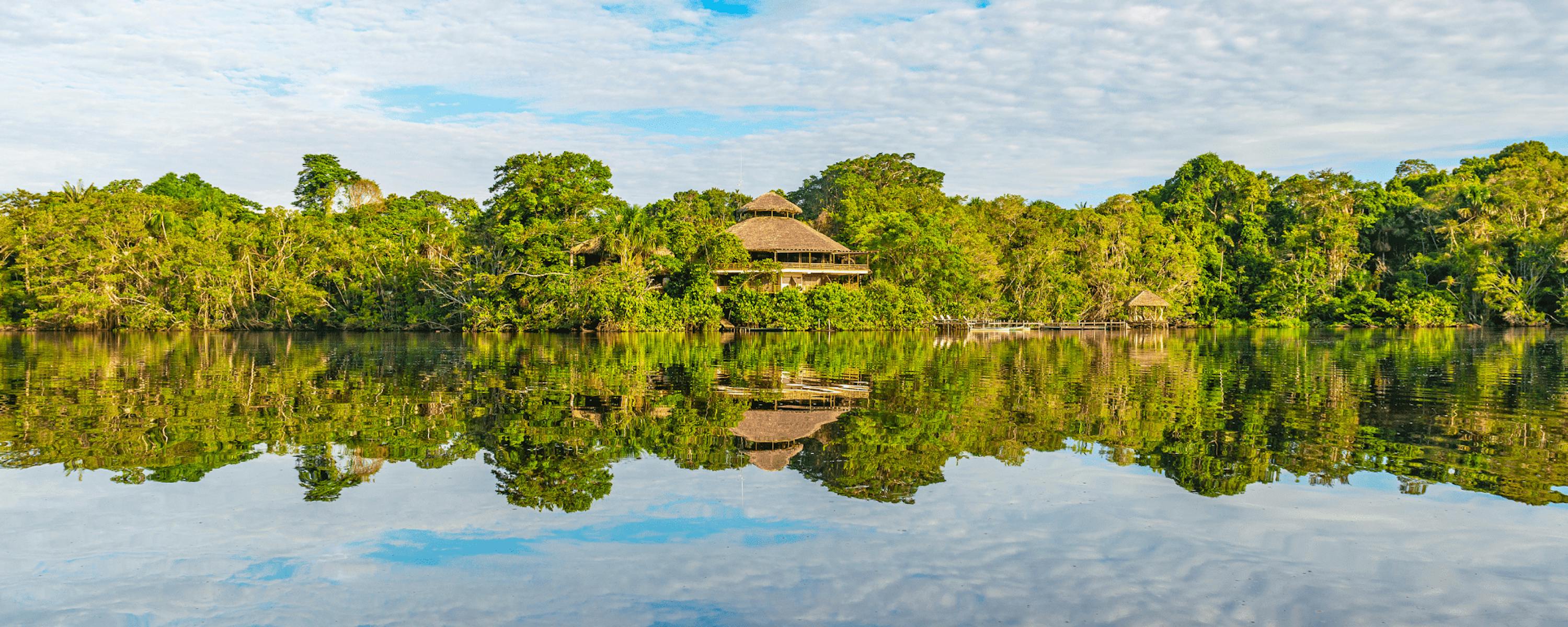 Rainforest trees and a small thatched hut reflect in glassy water, with soft clouds mirrored across the lake.