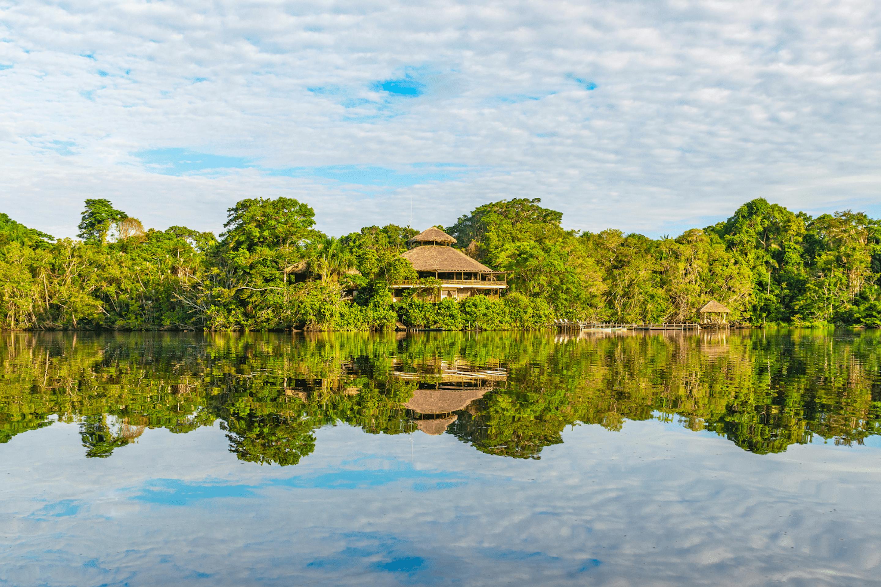 Rainforest trees and a small thatched hut reflect in glassy water, with soft clouds mirrored across the lake.