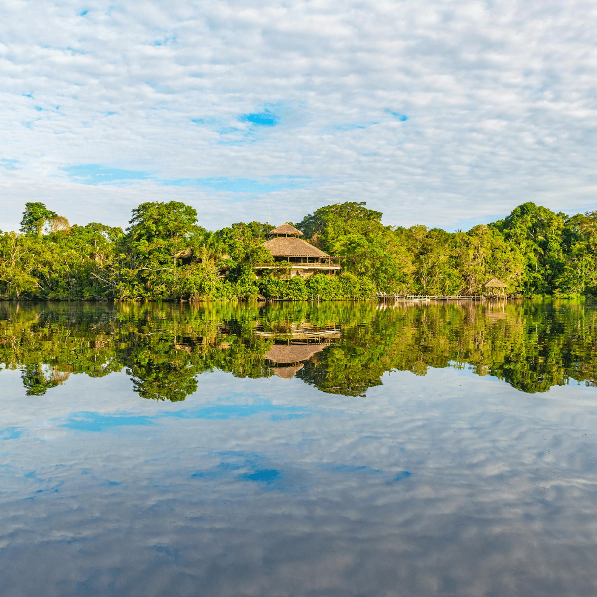 Rainforest trees and a small thatched hut reflect in glassy water, with soft clouds mirrored across the lake.