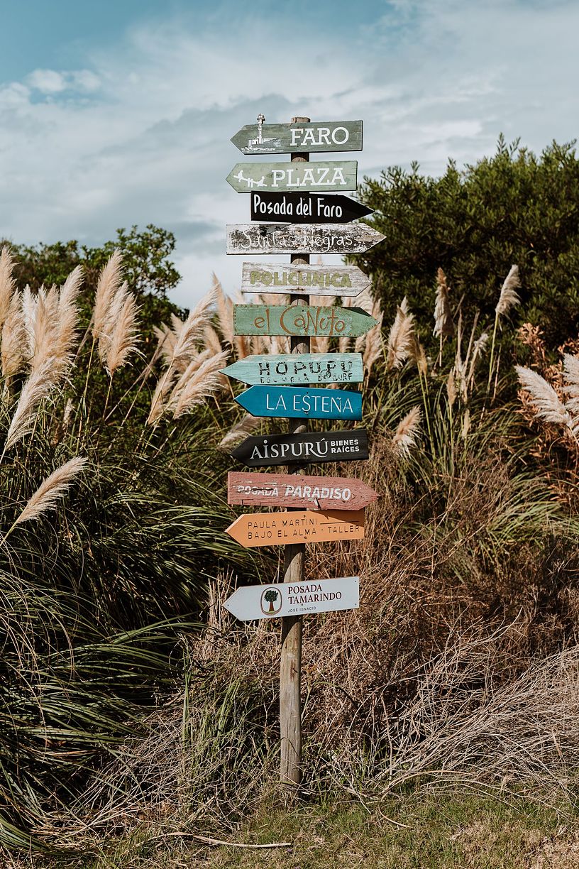 A weathered signpost stacked with colorful direction boards stands in sandy dunes with dry grasses and open sky.