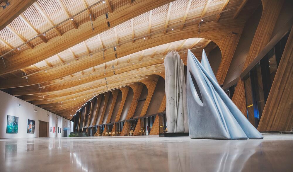 A modern gallery with curved timber ceilings surrounds a draped sculpture, with artworks spaced along bright walls.