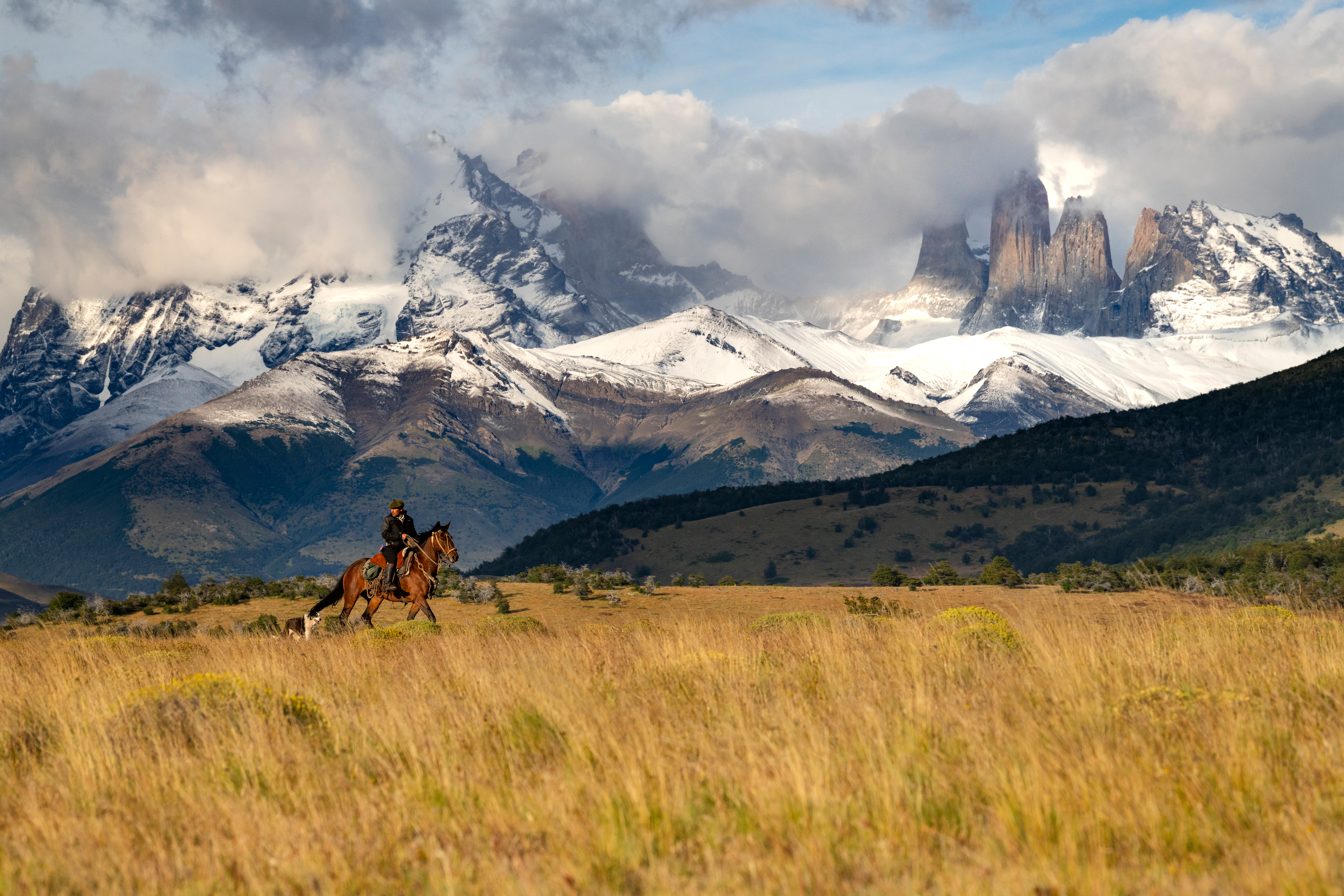 A rider gallops across golden grassland, dust lifting as the Torres del Paine massif sits under dark clouds.