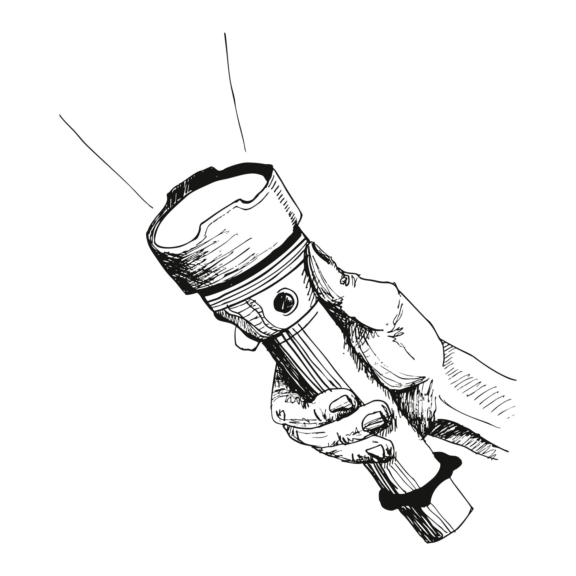 Sketch of a flashlight held in a person's hand.