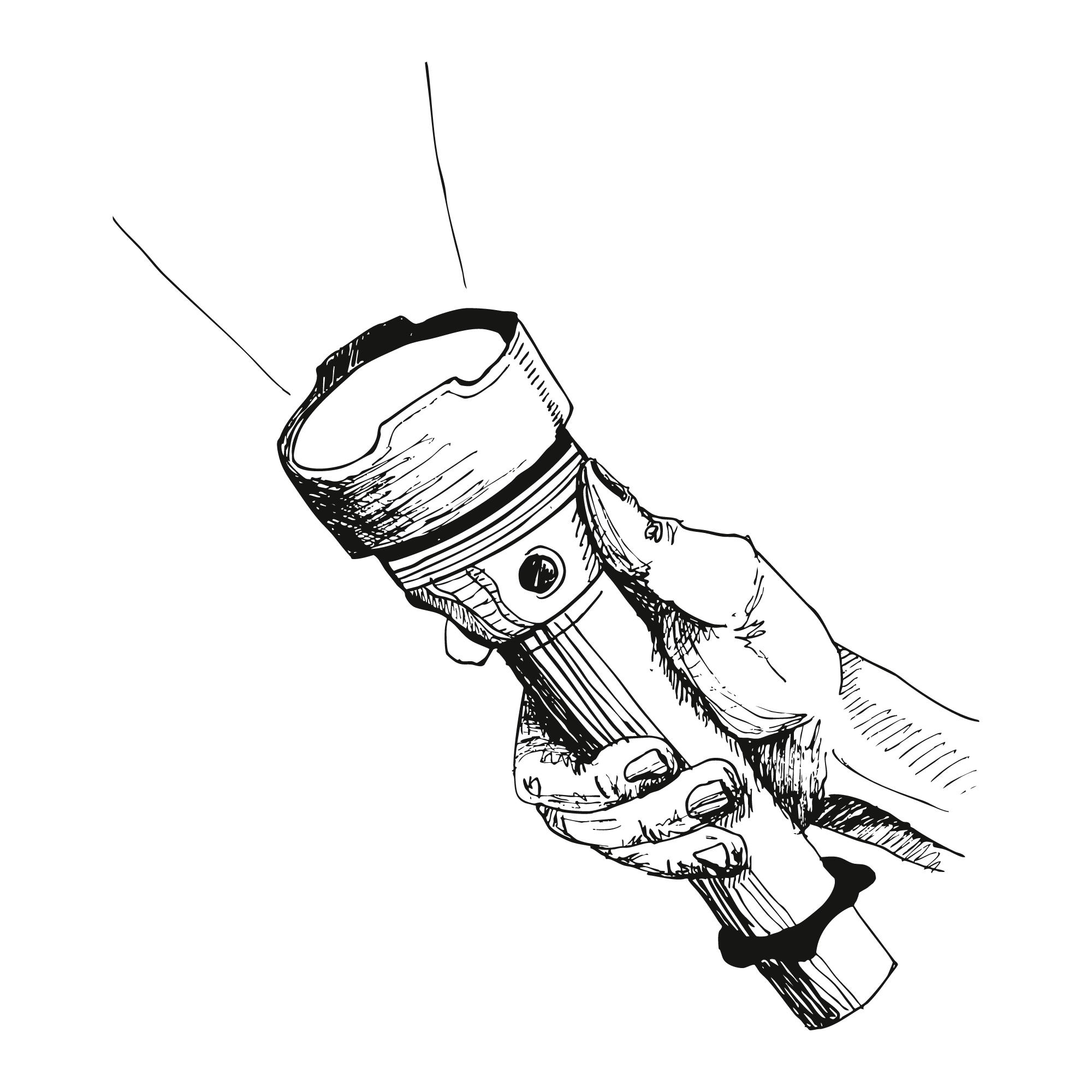 Sketch of a flashlight held in a person's hand.