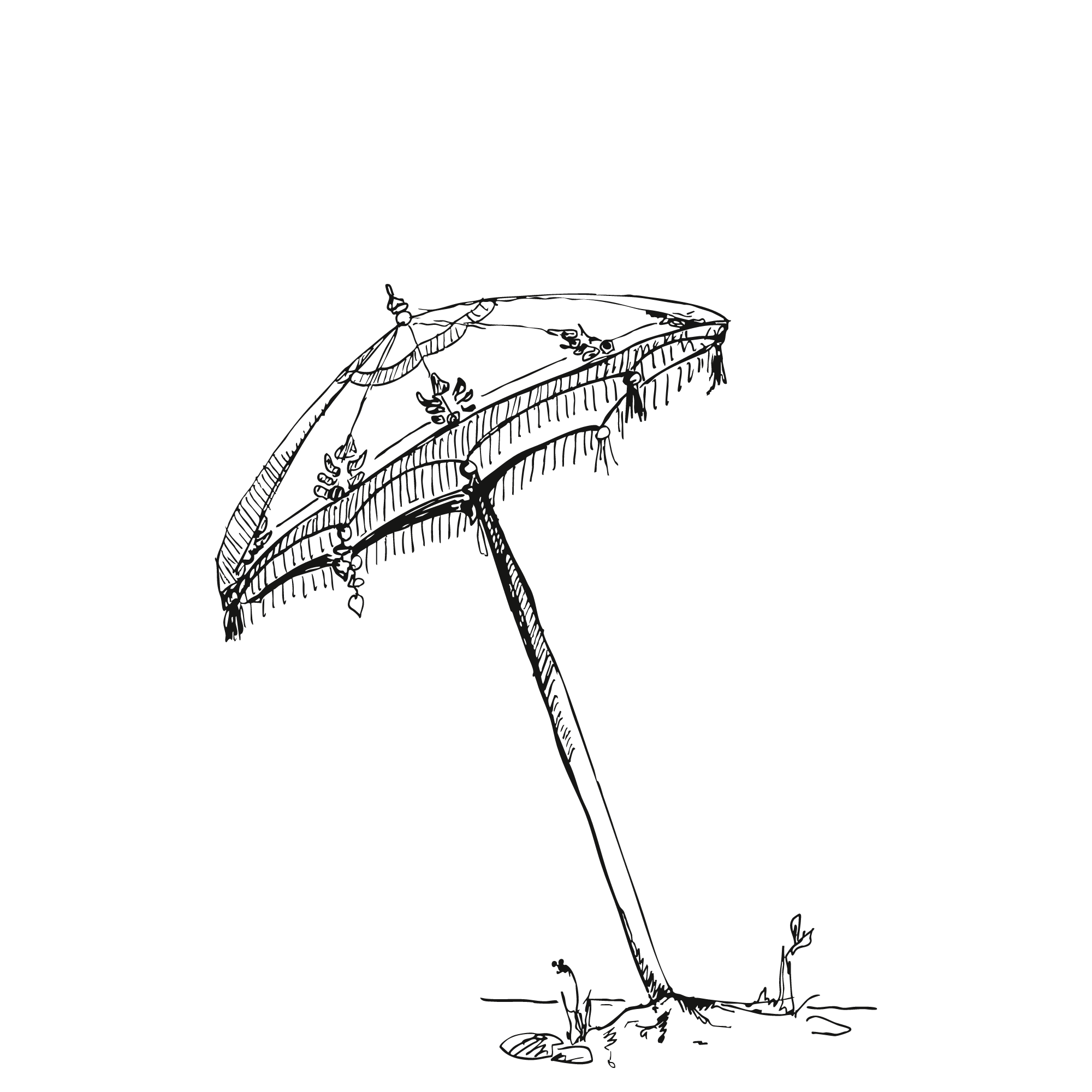 Sketch of an umbrella with decorative fringe. 