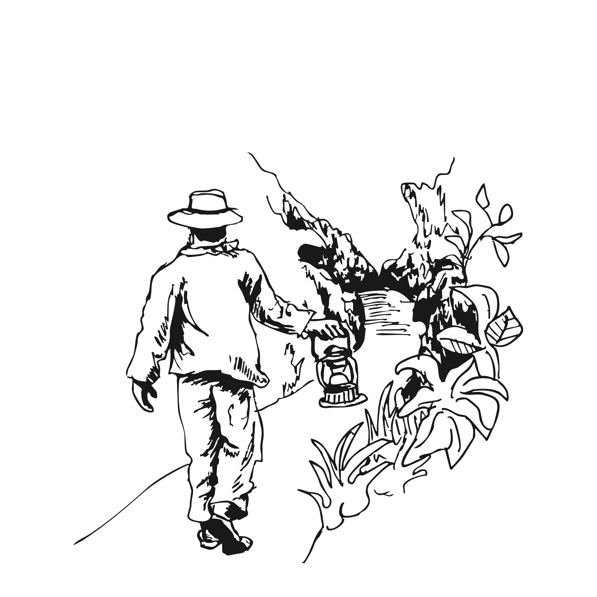 Sketch of a guide walking down a narrow path and carrying a lantern.