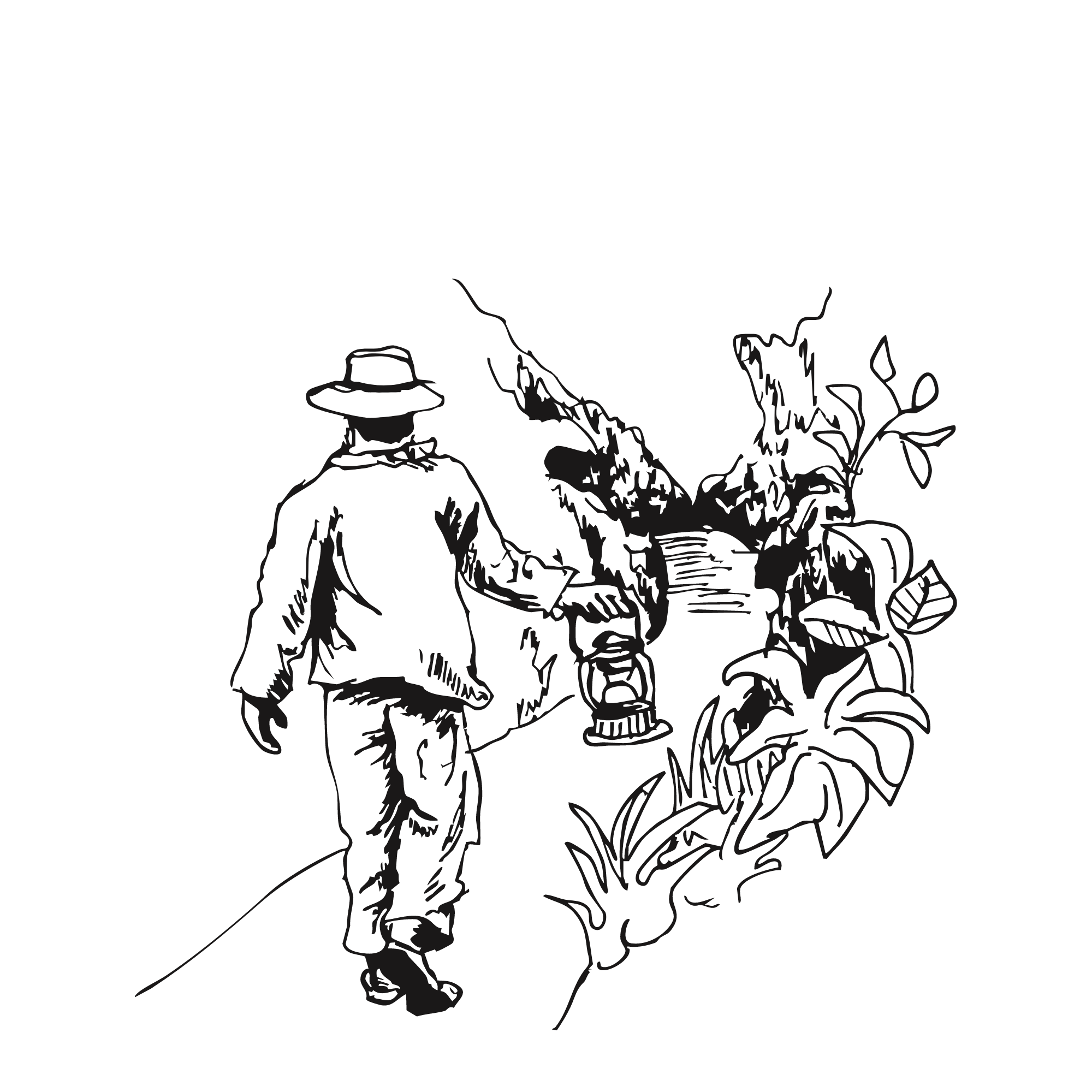 Sketch of a guide walking down a narrow path and carrying a lantern.
