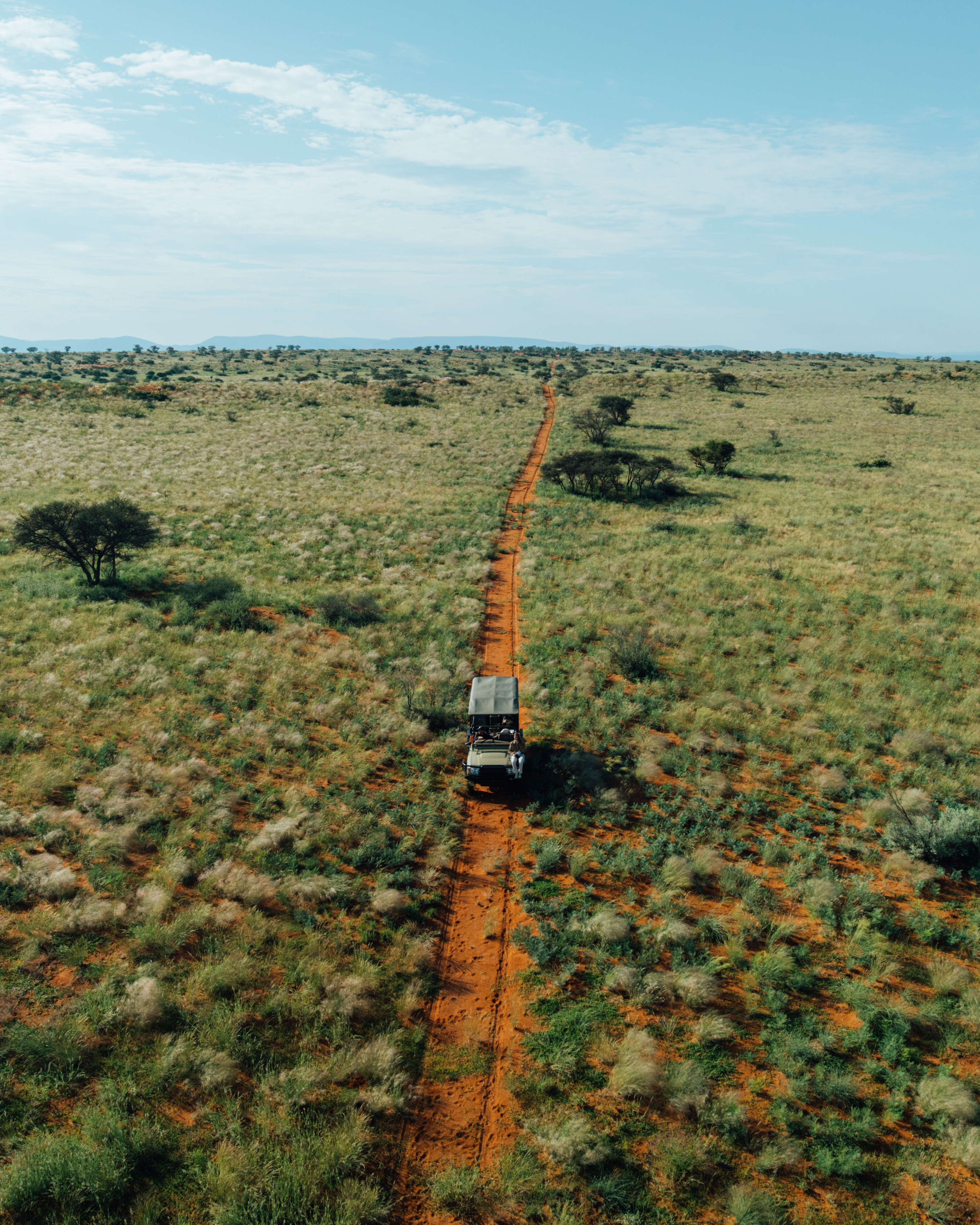 Aerial view shows a red dirt road cutting through green scrub, stretching toward the horizon at Tswalu, in clear daylight.