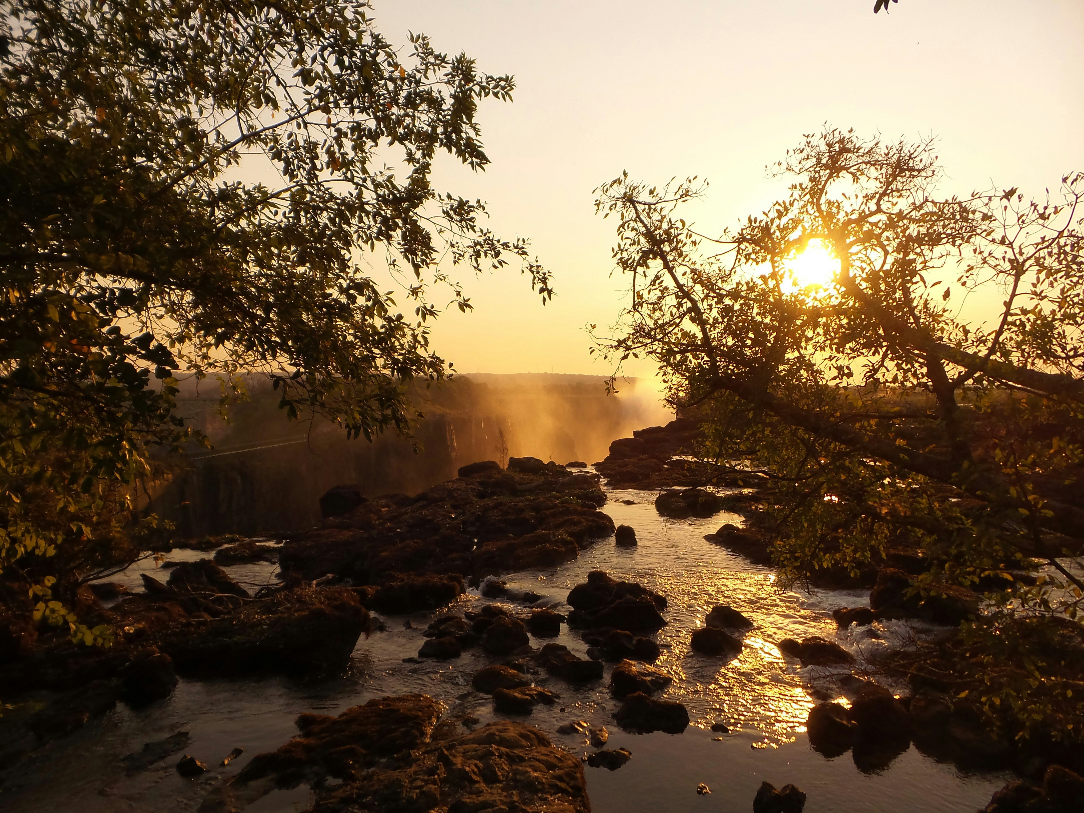 Sunset glows through riverside trees and reflects on shallow water and dark rocks along the Zambezi River.