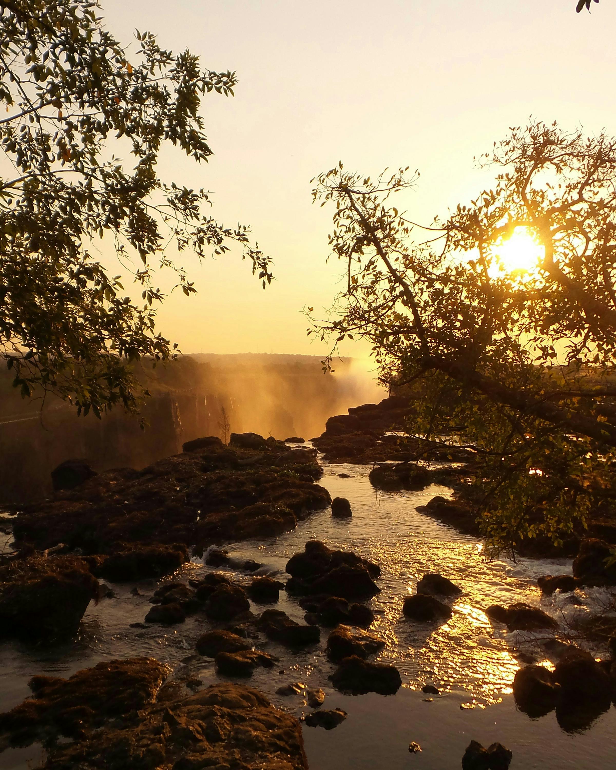 Sunset glows through riverside trees and reflects on shallow water and dark rocks along the Zambezi River.