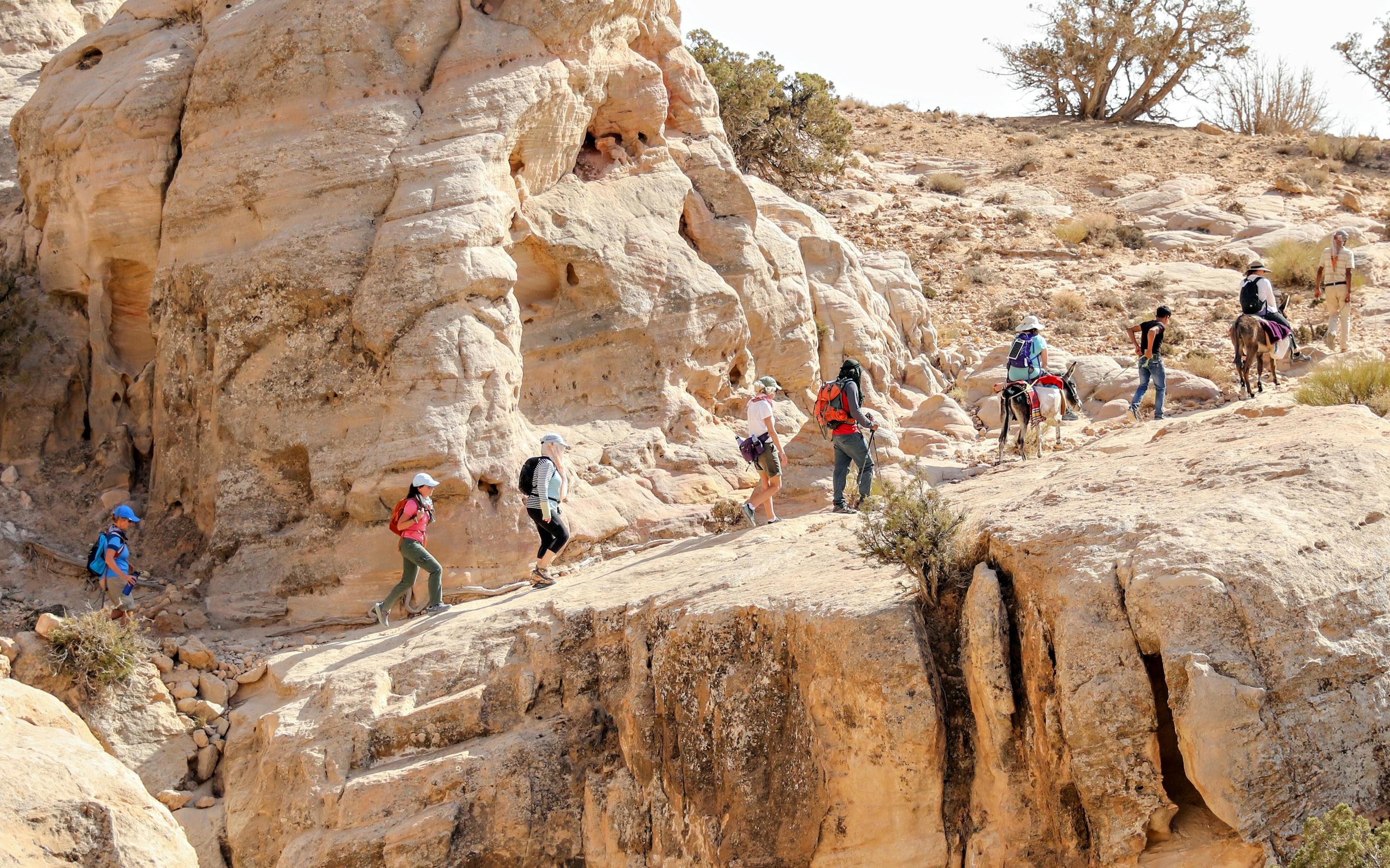 Hikers follow a narrow cliffside path in Petra, sandy rock walls rising above a deep ravine to the left, far below.