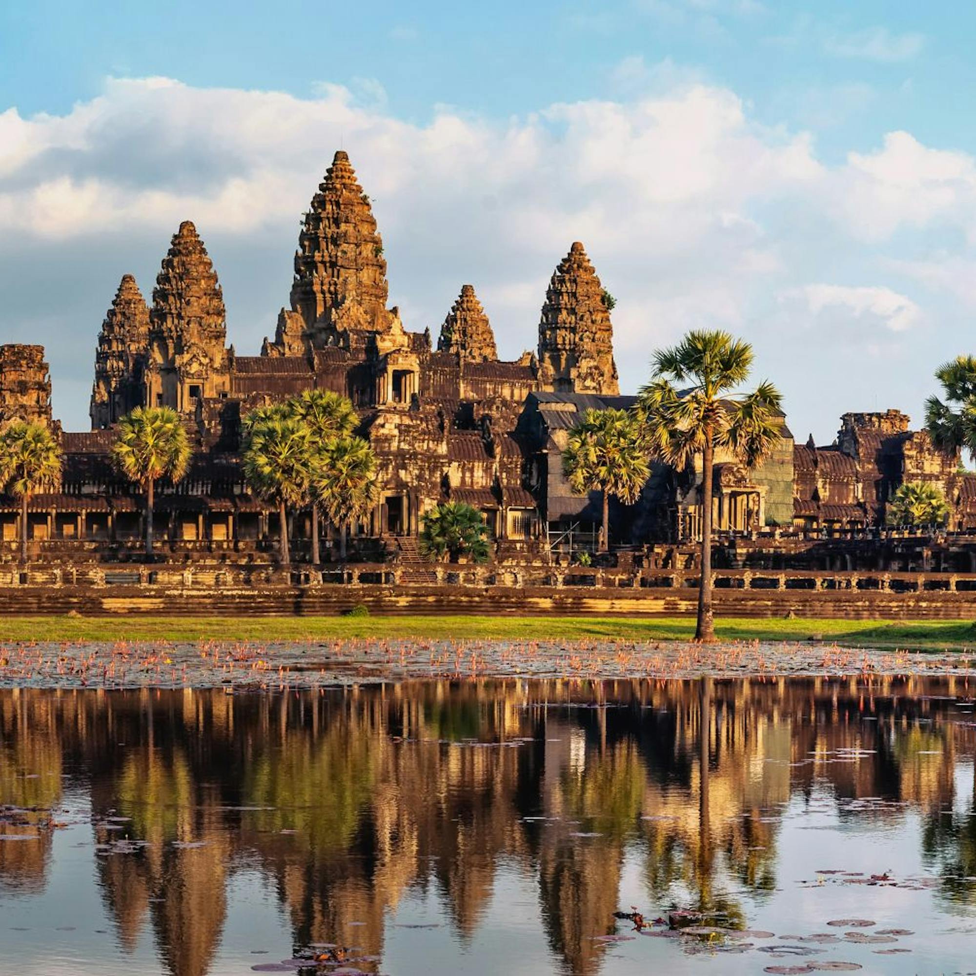 Angkor Wat temple complex reflected in a calm pond at sunrise, with palm trees lining the ancient stone structures under a soft blue sky.