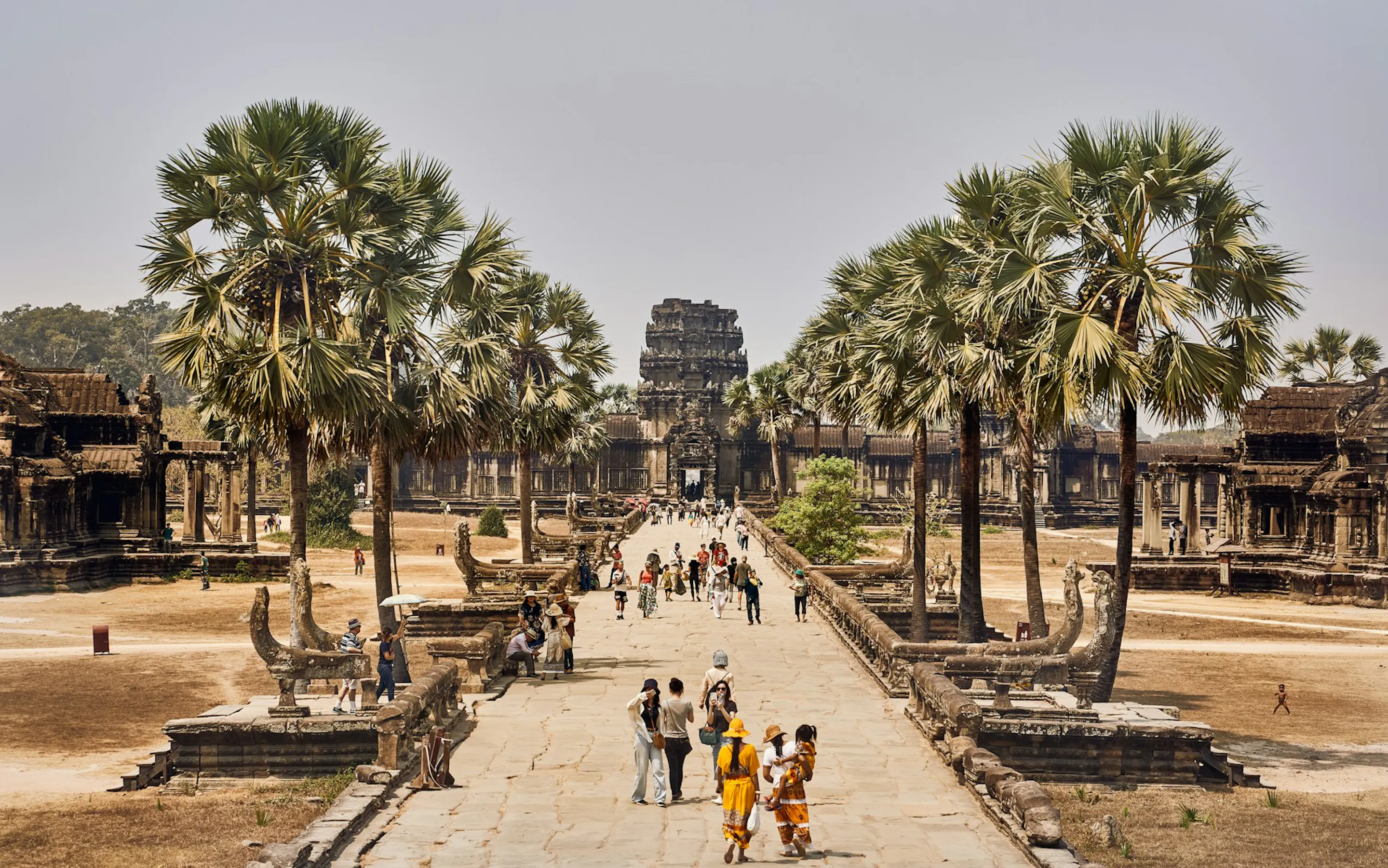 Visitors walking along a stone causeway lined with palm trees leading to Angkor Wat, surrounded by historic temple ruins in Cambodia.