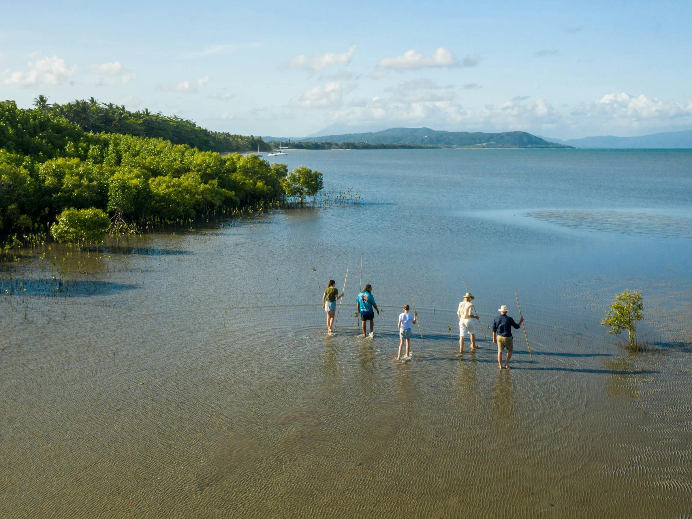 People wade across a shallow mangrove flat toward open water, with green shoreline and distant hills beyond.