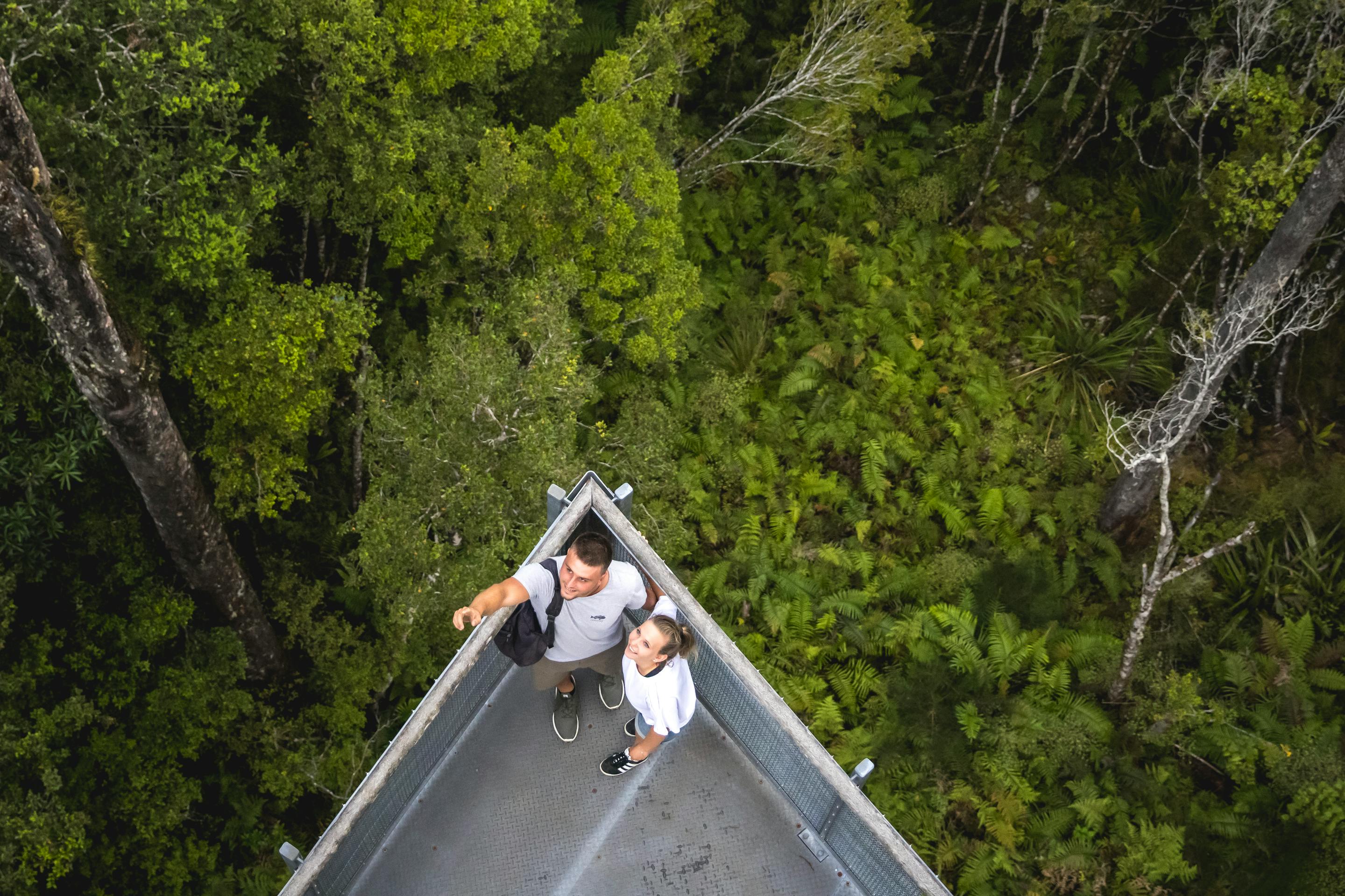 The bow of a canoe points along a narrow river bordered by dense forest, seen from above in the West Coast.