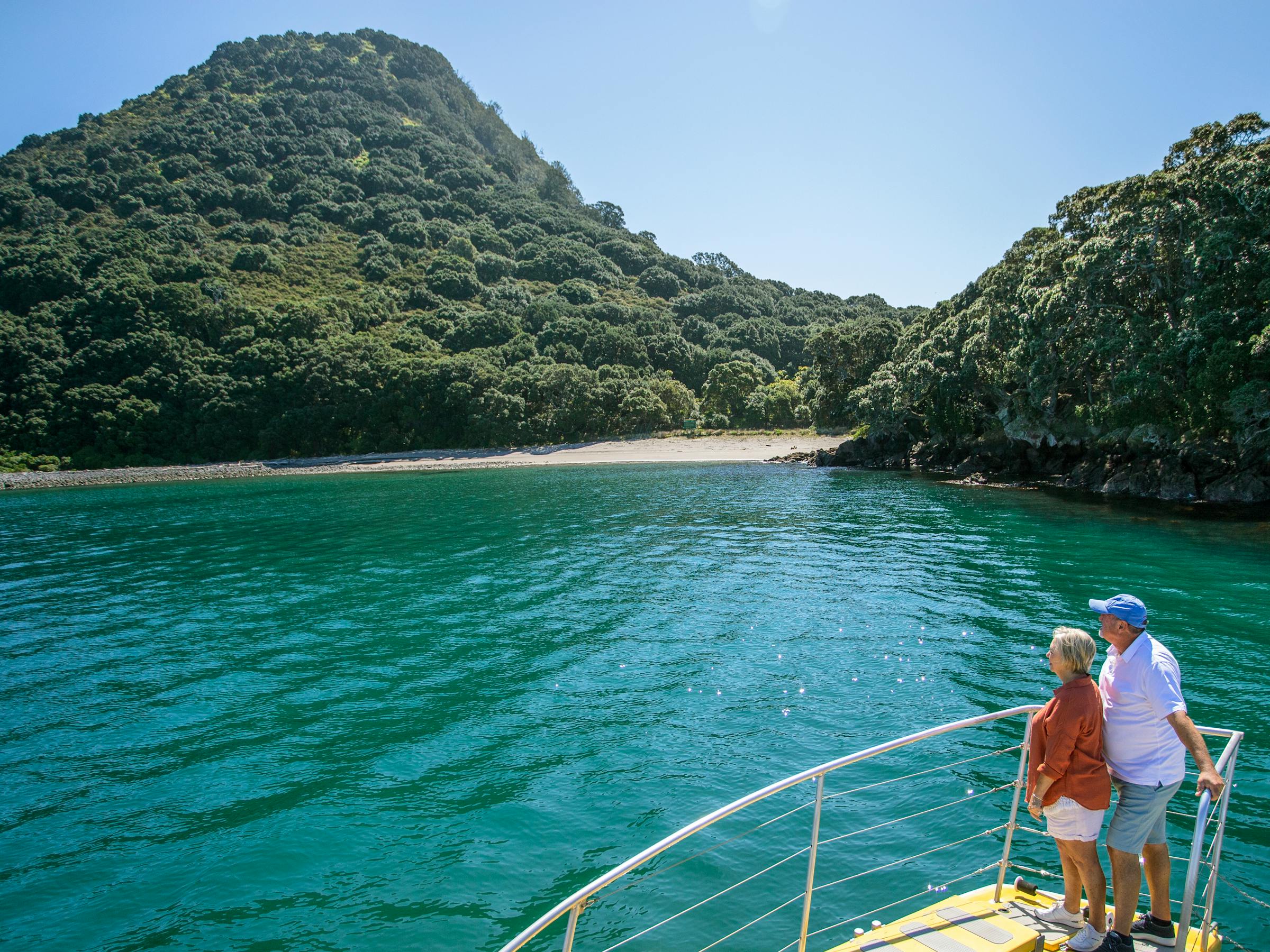 Two travelers stand at the bow of a boat in clear green water, approaching forested Moutohora Island under bright light.