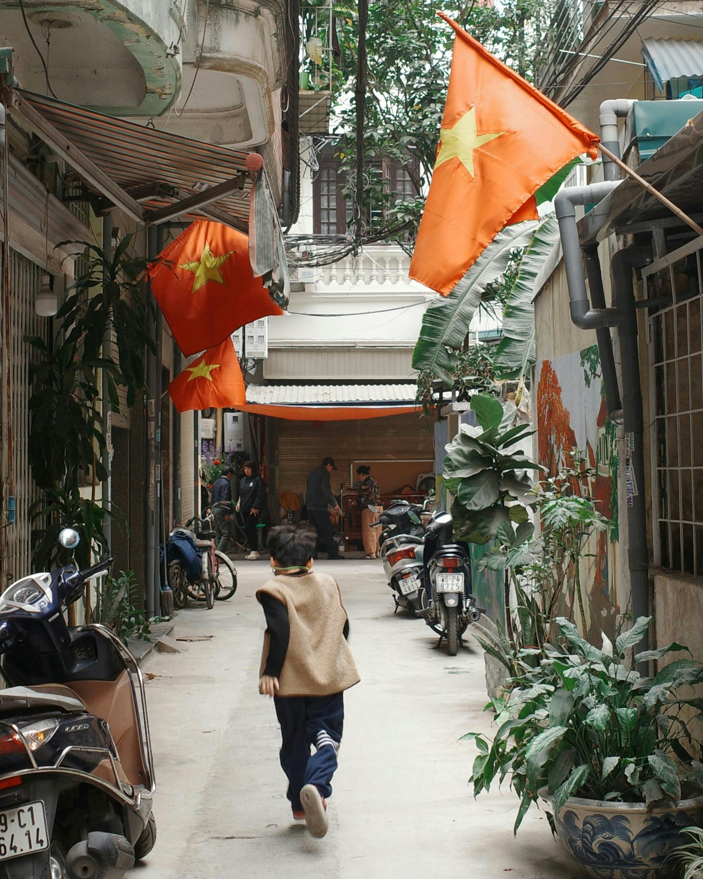 A person walks down a narrow Hanoi alley lined with red Vietnamese flags, scooters, and leafy potted plants.
