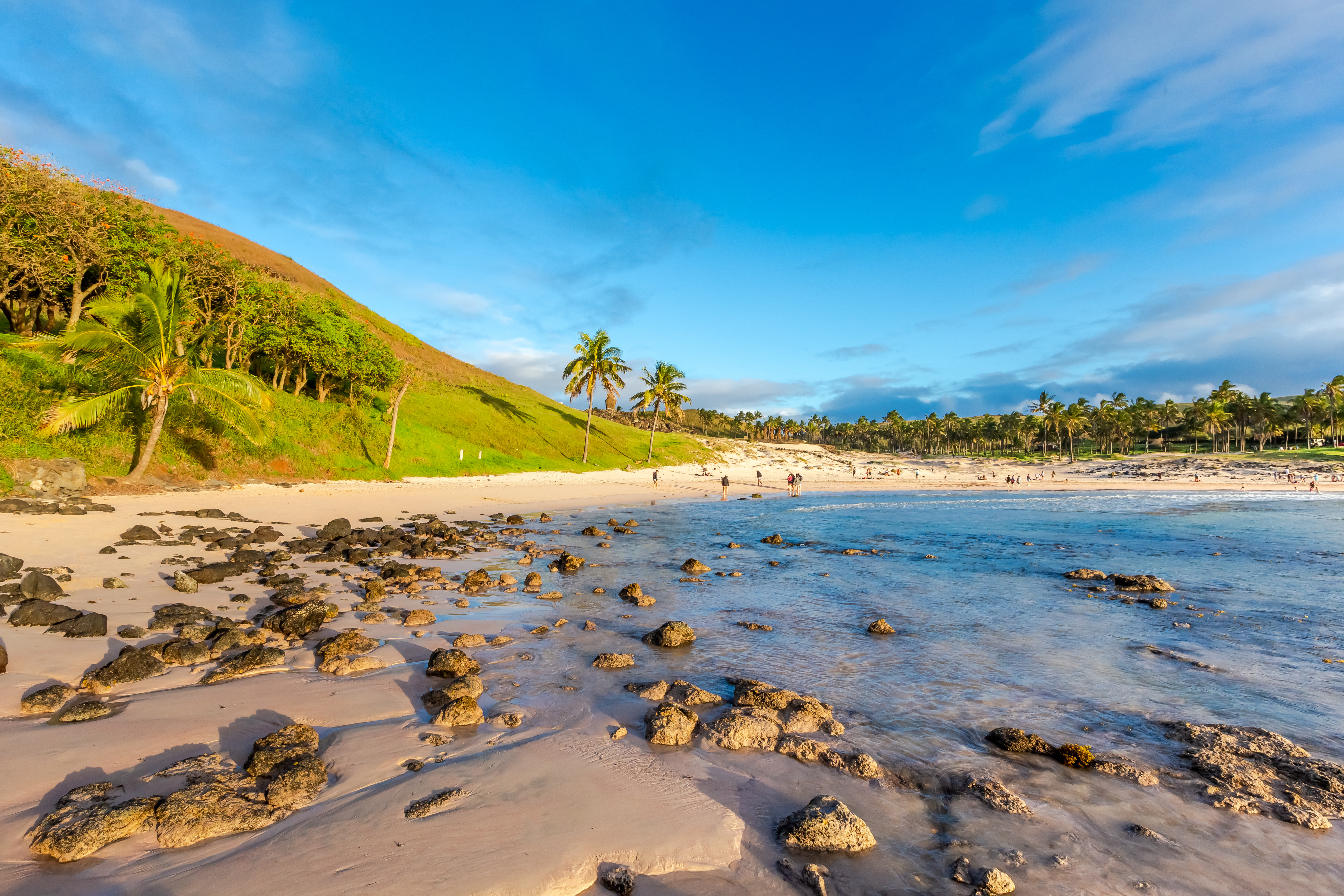Rocky shoreline meets a sandy beach on Easter Island, with palms and a green hillside beneath a blue sky.