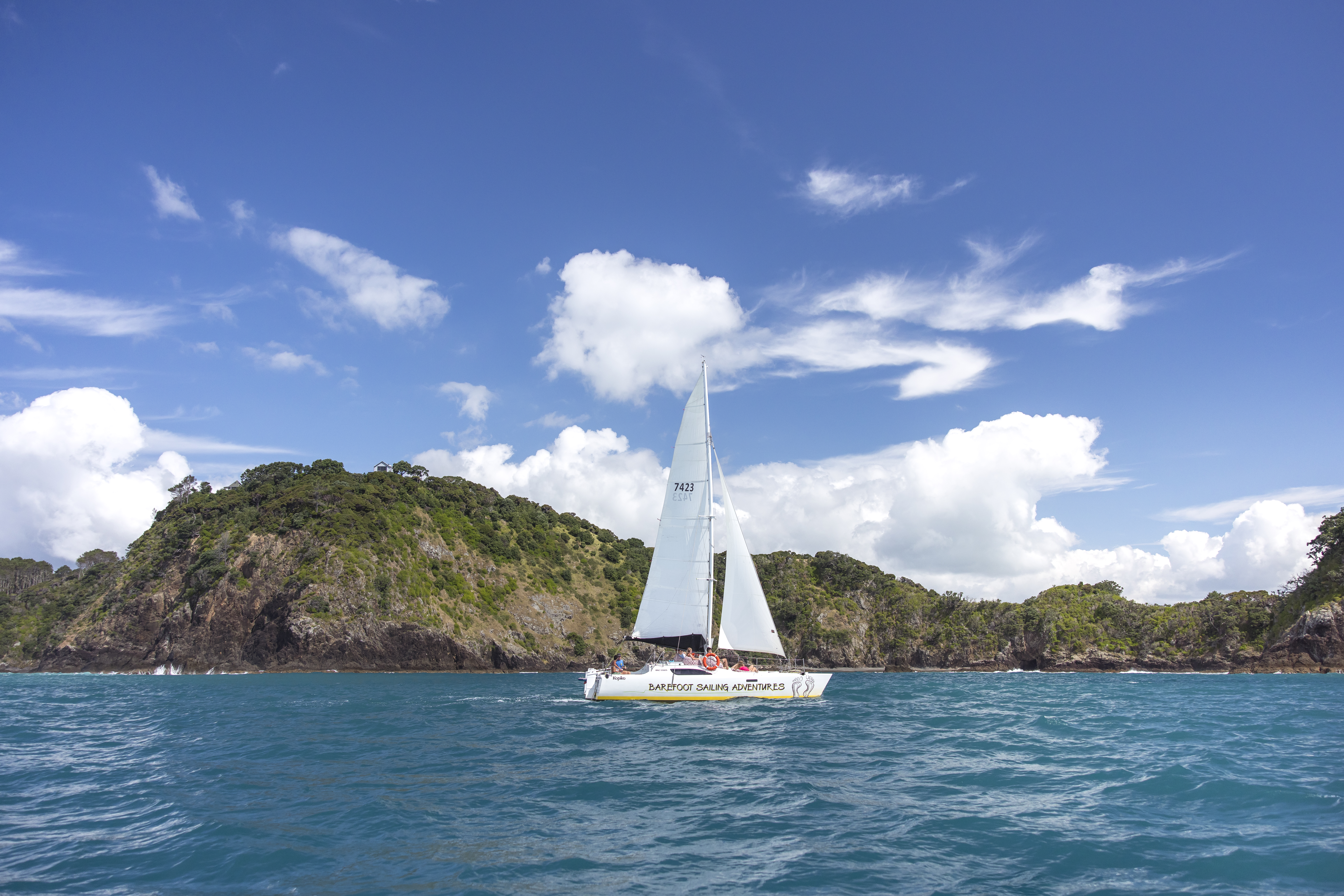 A white sailboat glides across blue water near rugged green islands in the Bay of Islands under a bright sky.