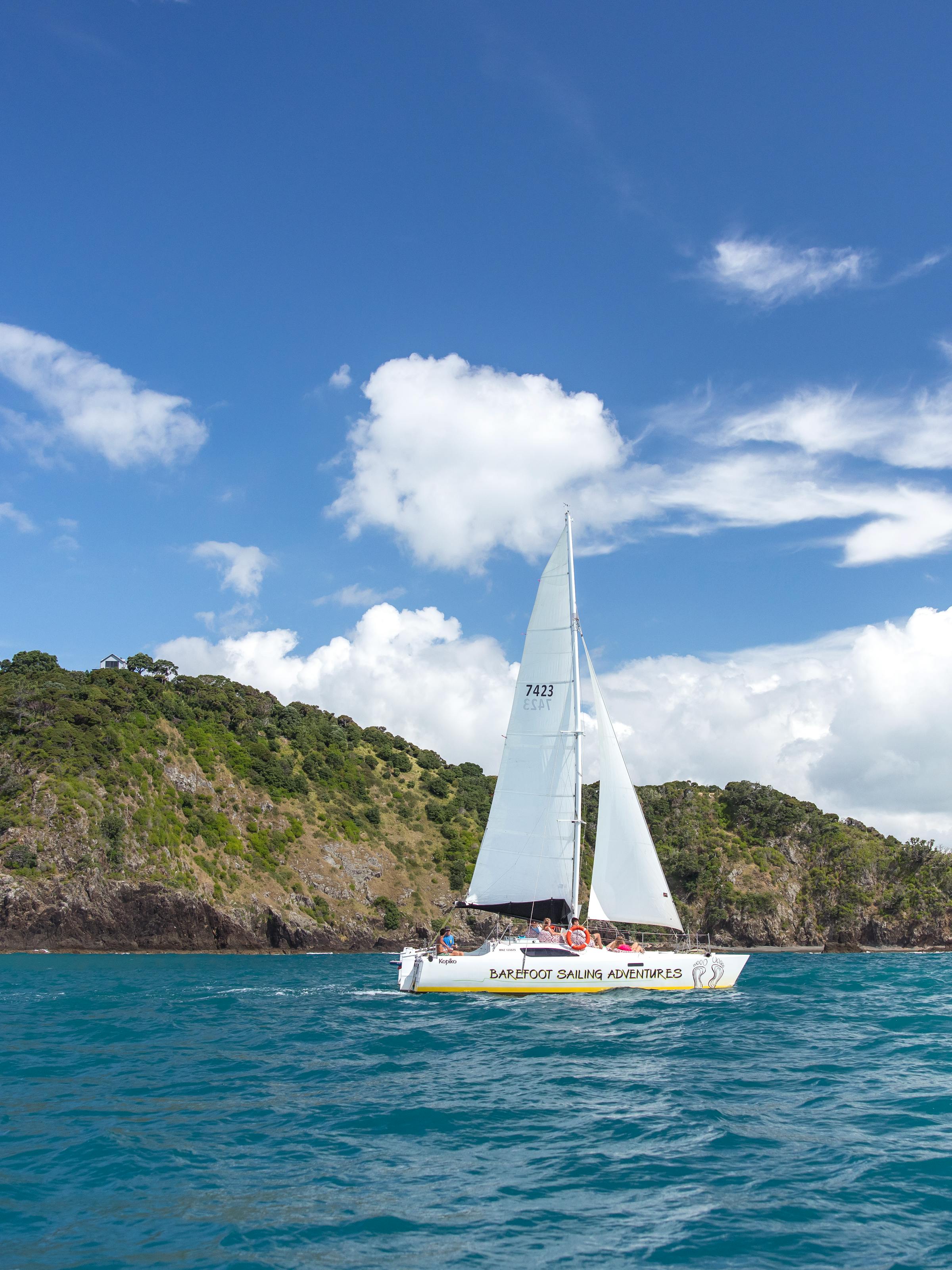A white sailboat glides across blue water near rugged green islands in the Bay of Islands under a bright sky.