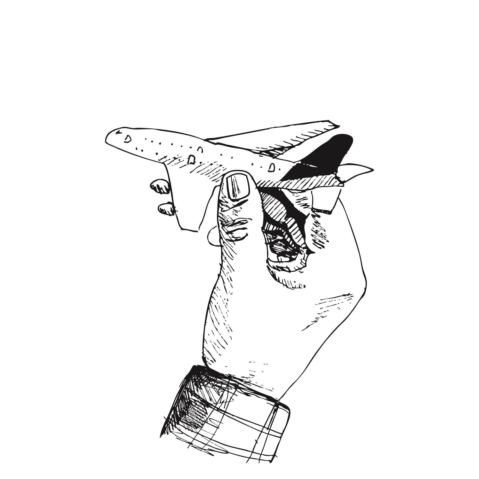 Sketch of a man's hand holding a small model plane.