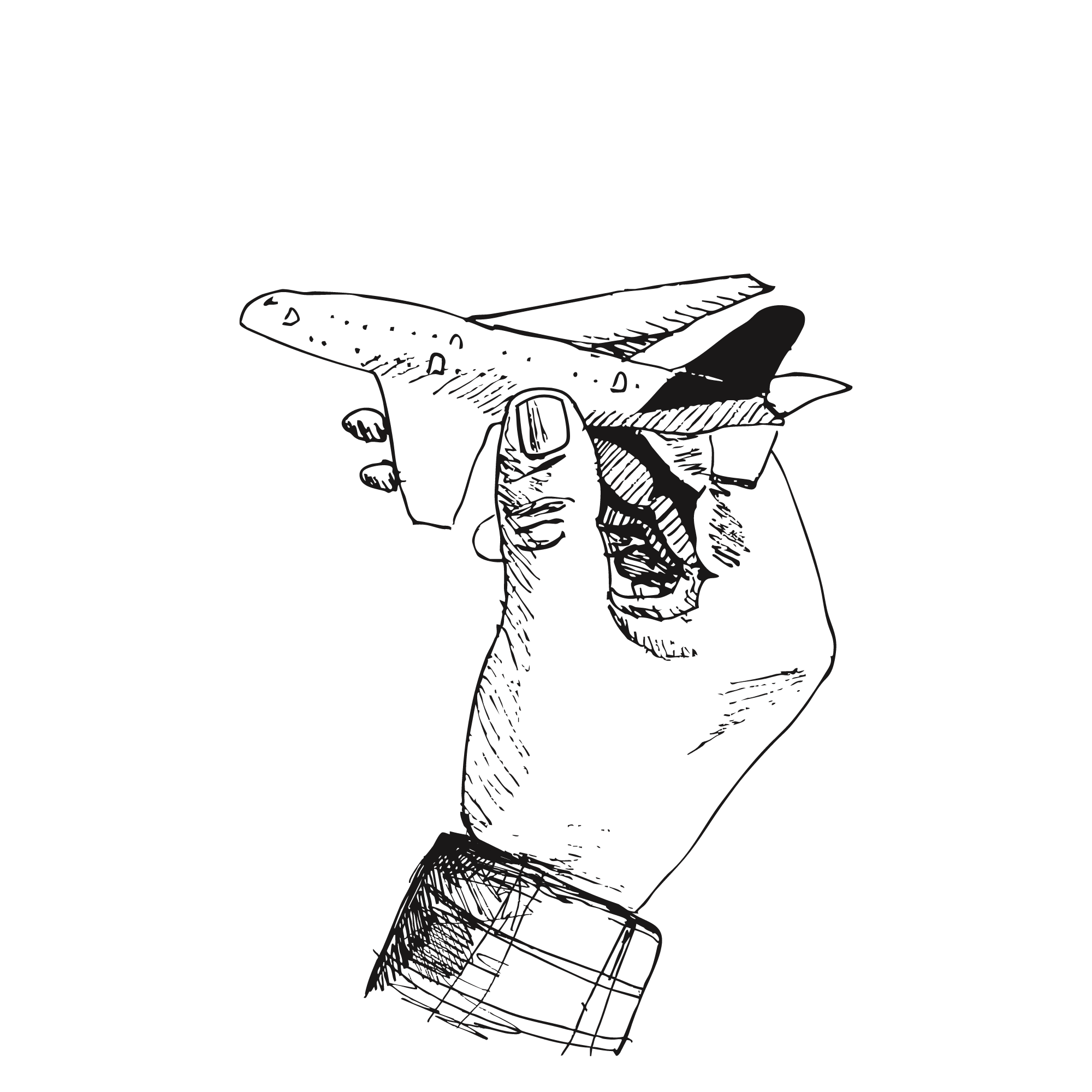 Sketch of a man's hand holding a small model plane.
