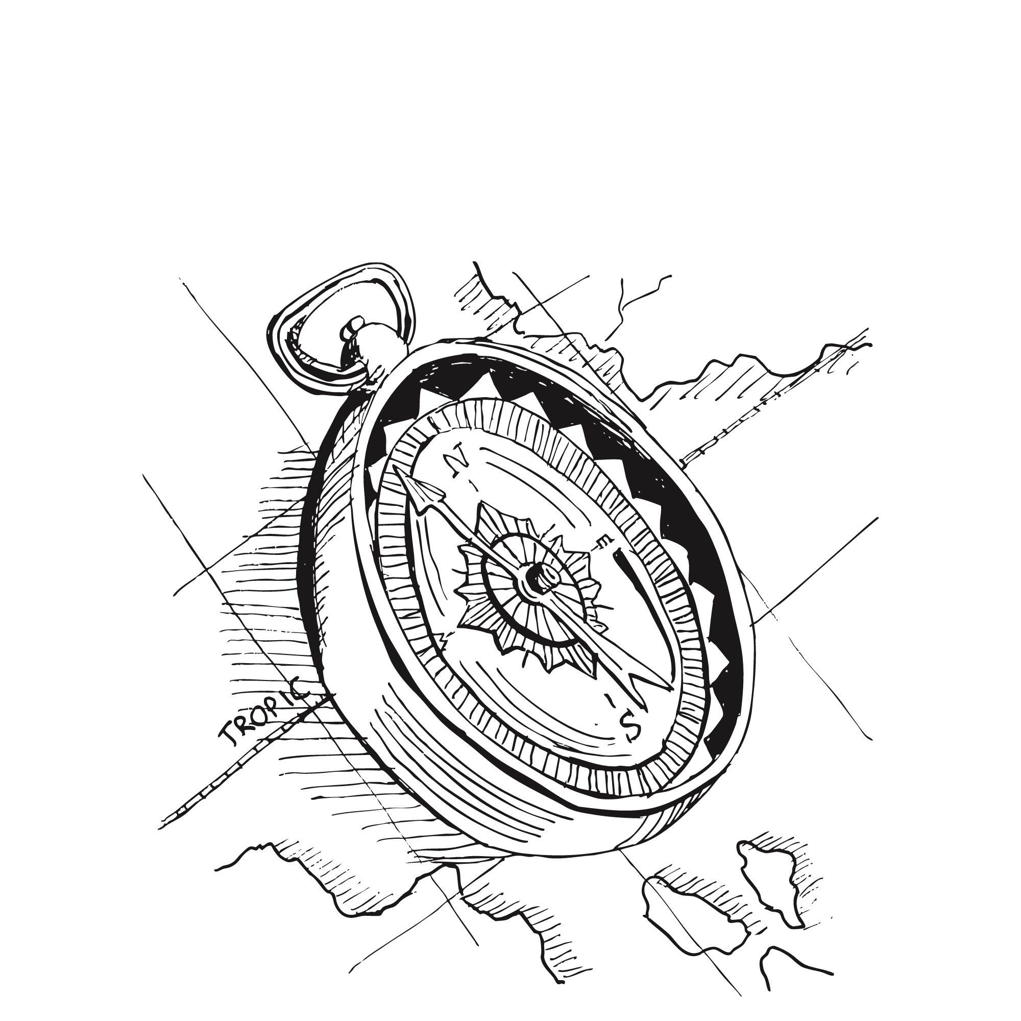 Sketch of a compass sitting on top of a map. 
