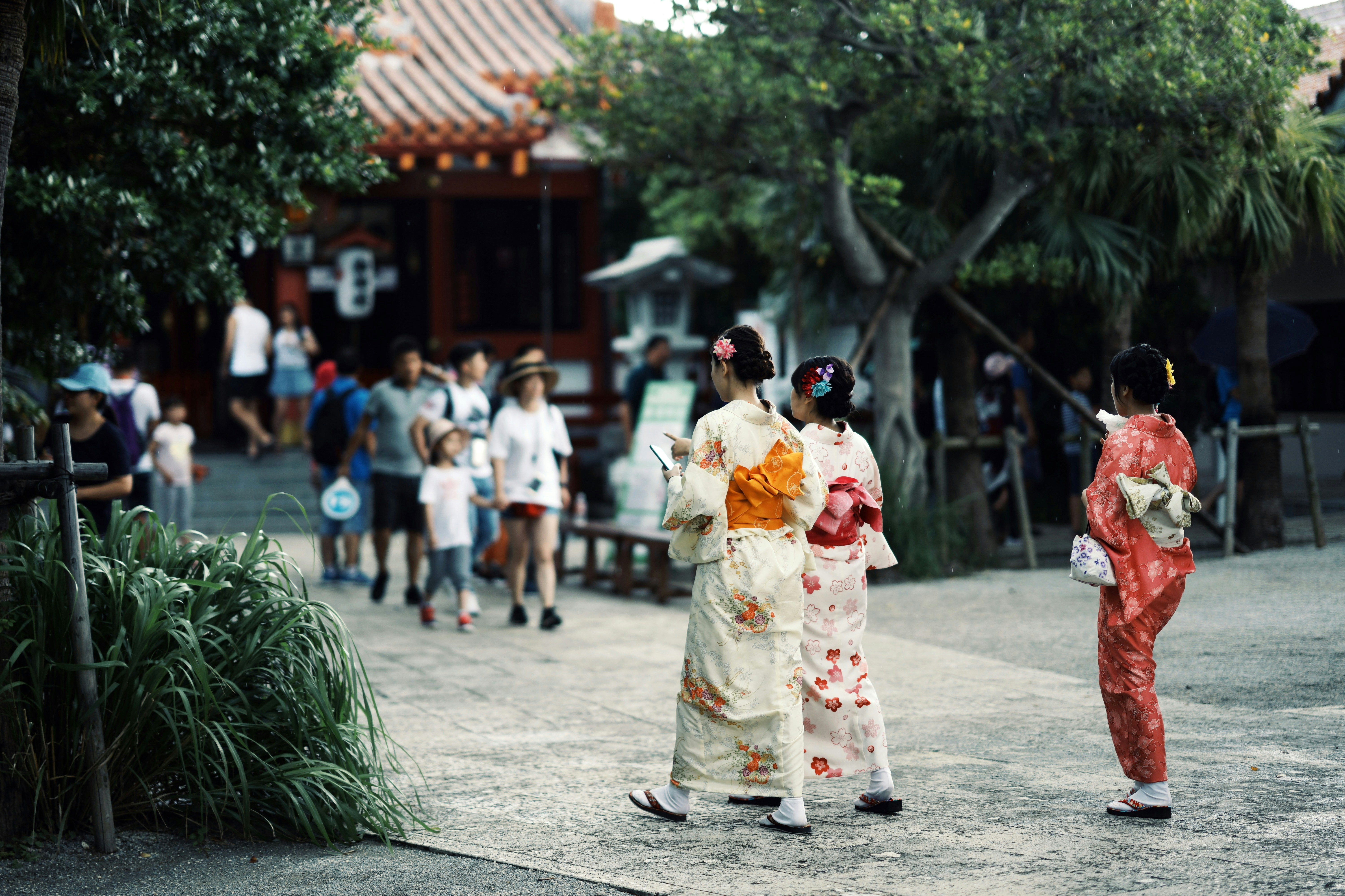 People in colorful kimono walk along a temple approach, with trees and visitors lining the stone path ahead.