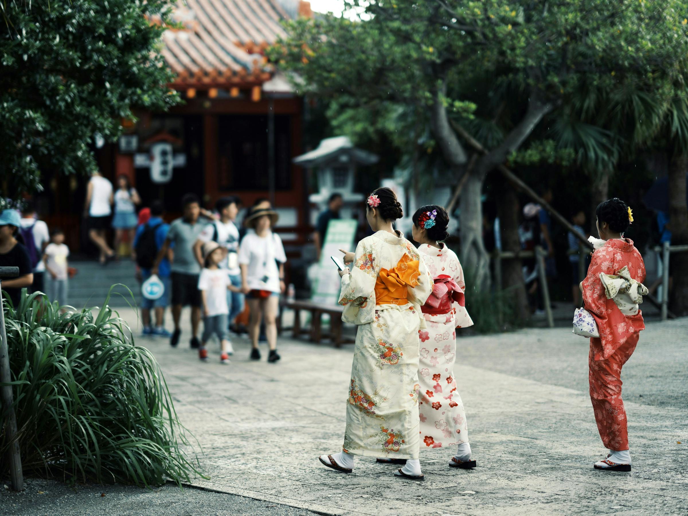 People in colorful kimono walk along a temple approach, with trees and visitors lining the stone path ahead.