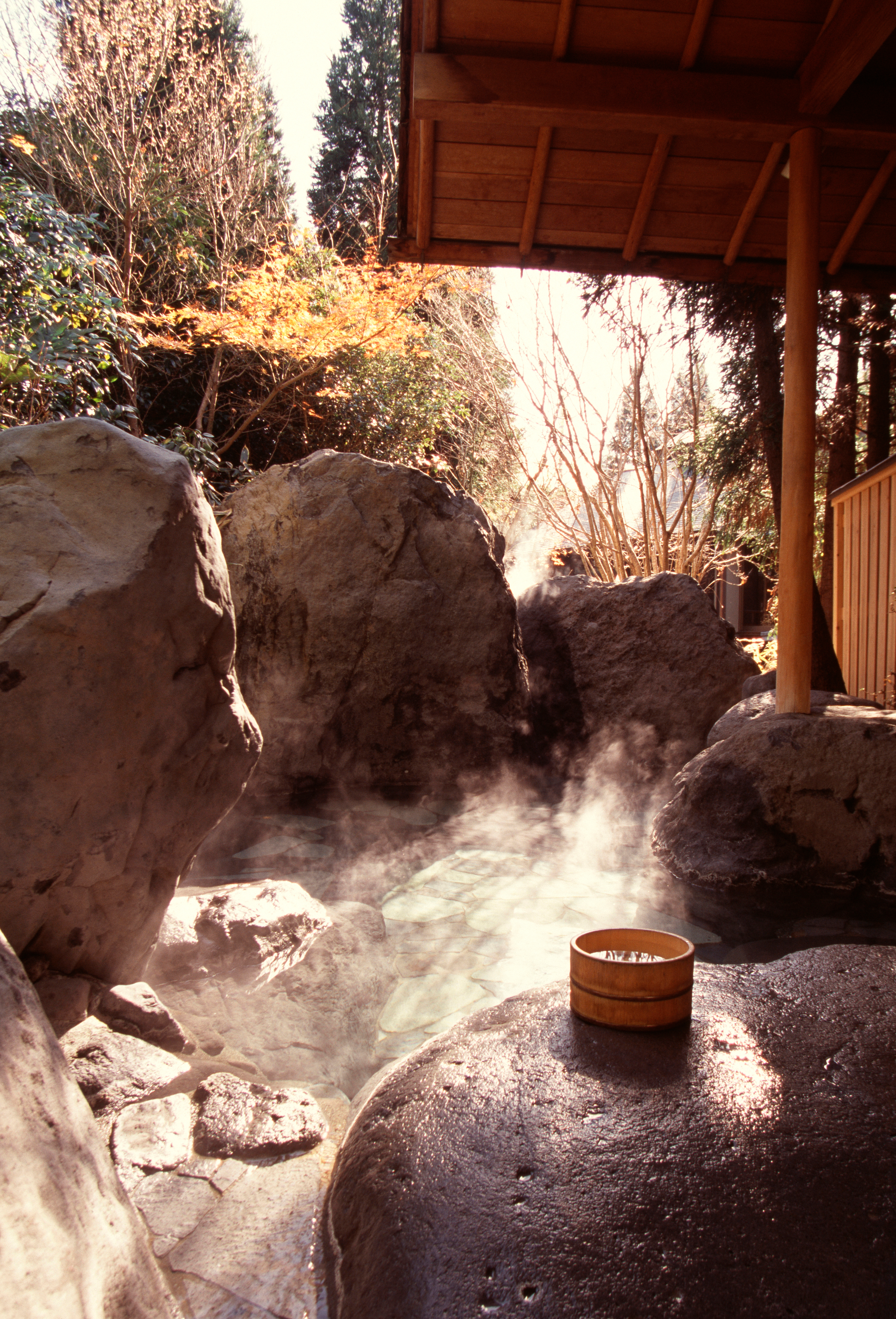 Steam rises from an open-air onsen surrounded by rocks and a wooden shelter, with a small bucket on the rim.